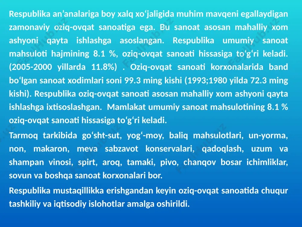 tiq, sut konserva, quruq sut, pishloq, brinza, qaymoq, muzqaymoq va boshqa mahsulotlar ishlab chiqariladi. respublikamizning barcha shaharlarida sut va sut mahsulotlarini qayta ishlaydigan korxonalar mavjud. 2006 yilda “o‘zgo‘shtsanoat” uyushmasi tarkibida 38 ta sut korxonasi 150 ga yaqin sut qabul qilish punktlari ishlaydi va ular transport turlari bilan yaxshi ta’minlangan. respublika oziq-ovqat sanoatining yetakchi tarmoqlaridan biri yog‘-moy ishlab chiqarish tarmog‘i hisoblanib, qadimdan o‘simlik yog‘i, kunjut, zig‘ir, indov, maxsar urug‘i, paxta chigiti, poliz ekinlari urug‘laridan juvozlardan olingan. bu oziq-ovqat sanoati umumiy mahsulot hajmining 25 %ni tashkil qiladi. o‘zbekistonda paxta chigitidan moy oluvchi dastlabki zavod 1884 yilda quqonda qurilgan, 1913 yilda hozirgi o‘zbekistonga qarashli bo‘lgan hududda 30 ta kichik yog‘ zavodida 57 ming tonna paxta moyi ishlab chiqarilgan. respublikada yillik quvvati 3 mln tonna moyli o‘simlik urug‘ini qayta ishlaydigan 19 ta korxona ishlab turibdi. o‘simlik moyi ishlab chiqarishda yiliga o‘rtacha 2.1 mln tonnadan paxta chigiti ishlatiladi, raps, zig‘ir, maxsar urug‘i shuningdek import bo‘yicha …