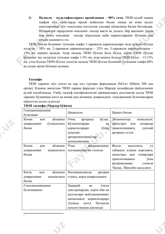 0% холатларда, 4-8 хафталик гестацион даврда 30-50% холатларда, 9-12 хафталик гестацион даврда 8-25% холатларда, хомиладорликнинг 4-ойидан 1,4-5,7% холатларда, 5-ойдан ва ундан кейинги даврларда 0,4-1,7% холатларда юзага чиқади. хавфли омиллардан бўлиб ота-оналардаги эндокрин касалликлар ва улар томонидан чақириладиган метаболик бузилишлар хисобланади. масалан, онада қандли диабетнинг бўлиши 3-6,2% холатларда хомилада тюн шаклланишига олиб келади. тюн бўлган боланинг туғилишига олиб келувчи бошқа хавфли омилларга киради: хомиладорлик даврининг биринчи ярмида ўтказган оғир токсикозлар, илгари ўтказган абортлари ва хомила тушиси хавфи, хомиланинг ўлдик туғилиш холатлари, кеч хомиладор бўлиши (35 ёшдан катта), склеротик тухумдонлар симптомли, кўп хомиладор бўлиши, хомила гипотрофияси, хомилада экстракардиал аномалияларнинг бўлиши, зарарли ишларда ишлаш – турли буёқлар, лак, бензин ва бошқа кимёвий моддалар билан. 5) полиген – мультифакториал ирсийланиш – 90% гача. тюн келиб чиқиш хавфли кўп холатларда ирсий мойиллик билан ташқи ва ички мухит омилларининг кўп томонлама патологик таъсири кўшилиши билан боғлиқдир. шунингдек зарорловчи омилнинг таъсир вақти ва дозаси, бир вақтнинг ўзида …