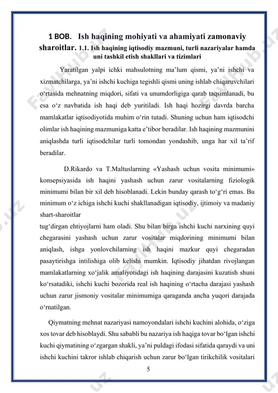 liqligi ta’kidlanadi. bu fikrlar hozirgi davrda ham ko‘pgina ko‘zga ko‘ringan iqtisodchi olimlar tomonidan ma’qullanib kelinmoqda. masalan, a.f.shishkin, e.f.borisovlar o‘zlarining «iqtisodiyot nazariyasi» darsliklarida ish haqini ishchi kuchi tovar qiymatining puldagi ifodasi deb ta’riflaydilar [1, 2]. bu mualliflar o‘z fikrlarini asoslashda ko‘pgina olimlar mehnat jarayoni bilan ishchi kuchining farqiga bormaganligini, shu sababli bozorda mehnat sotiladi deb fikr yuritishini tanqid qilib, bozorda mehnat emas, balki ishchi kuchi tovar sifatida sotilishini, bu jarayon yuzaki qaralganda mehnatga haq to‘lashga o‘xshab ko‘rinishini isbotlashga harakat qilganlar. lekin ish haqiga «ishchi kuchi qiymatining puldagi ifodasi» sifatida qarash, aniq ishchi kuchi bozorida ish haqi darajasiga uning unumdorligi, mehnat intensivligi, talab va taklif kabi omillarning ta’sirini yetarli hisobga olmaydi. hozirgi iqtisodiyot nazariyasida ayrim mualliflar (jumladan, «ekonomiks», v.d.kamayev rahbarligida nashr etilgan «iqtisodiyot nazariyasi» darsligi va boshqalarda) [3, 4] ish haqini mehnat narxi sifatida, ayrimlari esa [5, 6] mehnat bozoridagi talab va taklifning muvozanat narxi sifatida talqin etadilar. bunda ular asosan bozorda …