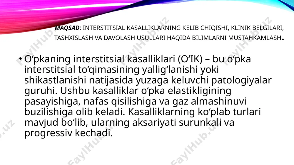 biokimyoviy tahlili: s reaktiv oqsil ortishi biopsiya: o‘pka to‘qimasidan namunalar olish.‍ davolash usullari:‍‍ dori vositalari:‍ kortikosteroidlar: (prednizolon,deksamitozon)yallig‘lanishni kamaytiradi.‍‍ immunosupressorlar: (ketotreksat,azatioprin)autoimmun jarayonlarni bostiradi.‍‍ idiopatik fibroz uchun: pirfenidon, nintedanib.‍‍ oksigenoterapiya: nafas olishni yengillashtiradi.‍ reabilitatsiya: maxsus nafas olish mashqlari.‍ o‘pka transplantatsiyasi: og‘ir holatlarda qo‘llaniladi.‍ xulosa‍‍ o‘pkaning interstitsial kasalliklari murakkab va turli ko‘rinishlarga ega bo‘lib, ularning erta tashxisi va davosi hayot sifatini saqlab qolishda muhim rol o‘ynaydi. shuning uchun kasallikning ilk belgilari paydo bo‘lganida shifokorga murojaat qilish zarur. davolashning samarasi ko‘pincha erta boshlanganiga bog‘liq bo‘ladi. sarkoidoz: etiologiyasi, klinikasi, tashxis va davolash usullari‍ maqsad: sarkoidozning patogenezi, belgilari, tashxislash va davolash usullari haqida bilimlarni rivojlantirish.‍ kirish‍ sarkoidoz – noma’lum sababli tizimli yallig‘lanish kasalligi bo‘lib, u ko‘pincha o‘pka va limfa tugunlariga ta’sir qiladi. kasallik granulomalar (to‘qimalarda mikroskopik tugunlar) hosil bo‘lishi bilan kechadi. sarkoidoz turli organlarga ta’sir qilishi mumkin, ammo 90% hollarda o‘pka zararlanadi. bu kasallik ko‘pincha 20-40 yosh oralig‘idagi odamlarda uchraydi. etiologiyasi va patogenezi‍ sababi: sarkoidozning aniq …