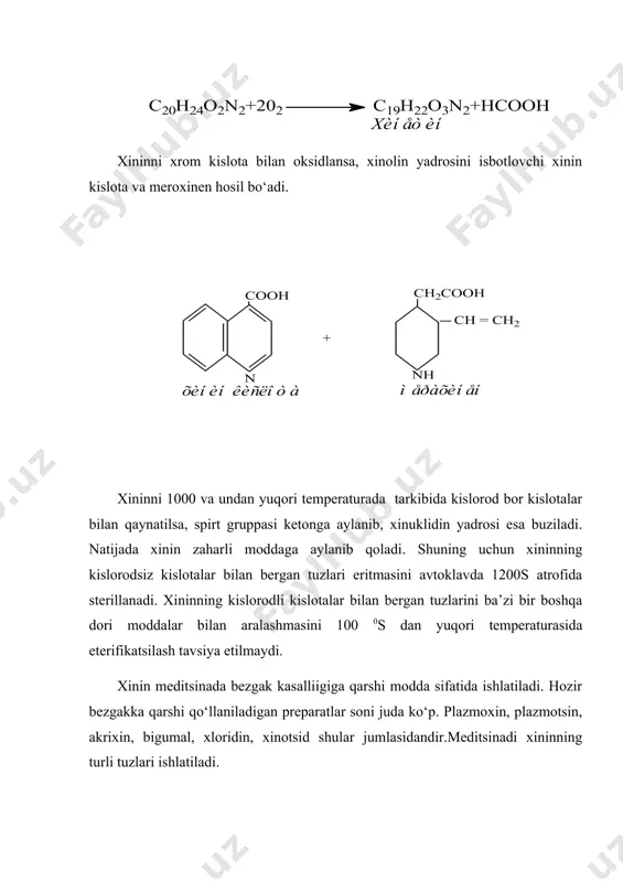 00s atrofida sterillanadi. xininning kislorodli kislotalar bilan bergan tuzlarini ba’zi bir boshqa dori moddalar bilan aralashmasini 100 0s dan yuqori temperaturasida eterifikatsilash tavsiya etilmaydi. xinin meditsinada bezgak kasalliigiga qarshi modda sifatida ishlatiladi. hozir bezgakka qarshi qo‘llaniladigan preparatlar soni juda ko‘p. plazmoxin, plazmotsin, akrixin, bigumal, xloridin, xinotsid shular jumlasidandir.meditsinadi xininning turli tuzlari ishlatiladi. xinin sulfat (chinini sulfas. chininum sulfuricum) xinin sulfat ipak singari yaltiroq oq ninasimon mayda kristall poroshok bo‘lib, hidsiz va tami juda achchiq. issiq suvda eriydi. sovuq suvda kam, mineral kislotalar ishtirokida esa yaxshi eriydi. spirtda qiyin erib, efir va xloroformda erimaydi. yorug‘lik tasirida sarg‘ish tusga o‘ta boshlaydi. preparat chinligini aniqlash uchun, uning eritmasiga sarg‘ish rang hosil bo‘lgunga qadar brom suvidan qo‘shib, so‘ngra ammiak tasir ettirilsa, yashil rang hosil bo‘ladi. xinin gidroxlorid (chinini hydrochioridum. chininum hydrochloricum) xinin gidroxlorid asosan xinin sulfatga bariy xlorid tasir ettirib, quyidagi reaksiya bo‘yicha olinadi: xinin gidroxlorid oq va ipak tovlanadigan ninasimon mayda kristall poroshok …