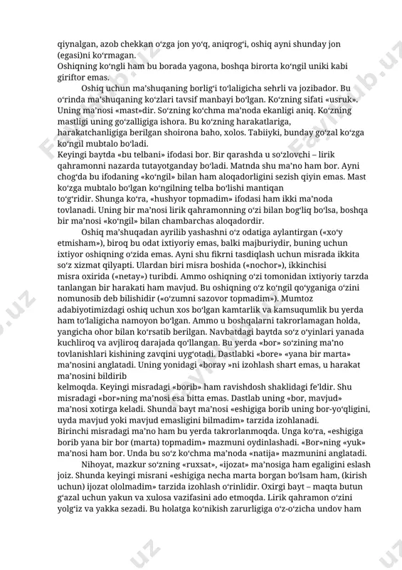 lab turganini sezish qiyin emas. «jonimdin o‘zga yori vafodor topmadim...» jonimdin o‘zga yori vafodor topmadim, ko‘nglumdin o‘zga mahrami asror topmadim. jonimdek o‘zga jonni dilafgor ko‘rmadim, ko‘nglum kibi ko‘ngulni giriftor topmadim. usruk ko‘ziga toki ko‘ngul bo‘ldi mubtalo, hargiz bu telbani yana hushyor topmadim. nochor furqati bila xo‘y etmisham, netay, chun vaslig‘a o‘zumni sazovor topmadim. bore boray eshigiga bu navbat, ey ko‘ngul, nechaki borib eshigiga bor topmadim. bobur, o‘zungni o‘rgatako‘r yorsizki, men istab jahonni muncha qilib yor topmadim. g‘azalning dastlabki bayti – matla’sida oshiq ko‘ngilning dil iztiroblari aks etgan. unda jon va ko‘ngil timsollari orqali inson ruhiyatidagi nozik tebranishlar o‘ziga xos tarzda ifodalangan. baytning har ikki misrasida bir-biriga uyg‘un bo‘lgan hodisalar tilga olingan. oshiq vafodor yorni izlaydi, istaydi, biroq bu harakatlar samarasiz. ko‘ngil eng aziz, eng muqaddas sirlar bilan o‘rtoqlasha oladigan mahramni, do‘stni izlaydi, unga talpinadi, biroq uni topa olmaydi. e’tibor berilsa, bu yerdagi gaplarning sintaktik tuzilishida ham o‘xshashliklar bor: to‘ldiruvchi aniqlovchi …