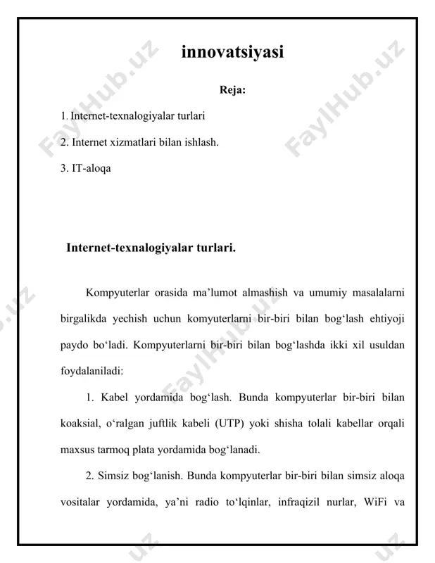 irasi) birgalikda foydalanish, hamda butun dunyo kompyuterlarini o‘zida birlashtirgan internet tarmog‘iga bog‘lanish mumkin. tarmoq taqdim etadigan xizmatlar. kompyuter tarmoqlari axborotlarni elektr signallari ko‘rinishida uzatish va qabul qilishga ixtisoslashgan muhit. tarmoqlar biror maqsadga erishish uchun quriladi, ya’ni bog‘langan kompyuterlar orqali biror masalalarni yechish uchun ixtisoslashtiriladi. tarmoq xizmatlariga quyidagilarni misol tariqasida keltirish mumkin: · fayl server xizmati. bunda tarmoqdagi barcha kompyuterlar asosiy kompyuterning (server) ma’lumotlaridan foydalanish yoki o‘z ma’lumotlarini asosiy kompyuter xotirasiga joylashtirish mumkin; · print server xizmati. bunda tarmoqdagi barcha kompyuterlar o‘z ma’lumotlarini xizmat joriy qilingan kompyuter boshqaruvi orqali qog‘ozga chop qilishi mumkin; · proksi server xizmati. bunda tarmoqqa ulangan barcha kompyuterlar xizmat joriy qilingan kompyuter boshqaruvi orqali bir vaqtda internet yoki boshqa xizmatlardan foydalanishi mumkin; · kompyuter va foydalanuvchi boshqaruvi xizmati. bunda tarmoqqa ulangan barcha kompyuterlarning va ularda qayd qilingan foydalanuvchilarning tarmoqda o‘zini tutishi hamda faoliyat yuritishi belgilanadi va nazorat qilinadi. axborotni uzatish va qabul qilish. tarmoq har doim bir …