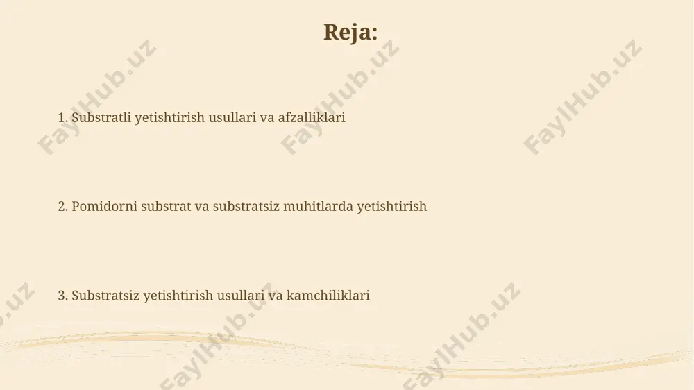 h mumkin, bu esa suv va yer resurslaridan tejashga olib keladi. vermikulit yoki kokos tolasi kabi substratlarda pomidor yetishtirish tuproqqa nisbatan 20-30% ko'proq hosil olish imkonini beradi va o'simlik kasalliklarining oldini oladi. kasalliklar va zararkunandalarga qarshi kurash substratsiz yetishtirishda zararkunandalar soni 30% ga kamayishi mumkin, chunki ularning ko'payishi uchun mos muhit yo'q. biopreparatlar qo'llanilishi kerak. pomidor o'simliklarida kasalliklarning 70% gacha profilaktik choralar bilan oldini olish mumkin, shu jumladan substrat tanlash va tuproq unumdorligini nazorat qilish orqali. kelajakdagi istiqbollar vertikal fermerlik va substratli tizimlarni birlashtirish orqali shahar atrofida 1 gektar maydonda 5-10 gektarlik hosil olish mumkin bo'ladi. kelajakda substratsiz yetishtirish texnologiyalari, masalan, aeropotika yoki gidroponika, 30% ga samaradorlikni oshirishi va suv sarfini 70% ga kamaytirishi kutilmoqda. iqtisodiy jihatlar substrat tanlash va uni almashtirish xarajatlari substratli yetishtirishning muhim iqtisodiy omili hisoblanadi, bu xarajatlar yiliga o'rtacha 10-15 aqsh dollari/m² oralig'ida o'zgarib turadi. substratsiz yetishtirish dastlabki investitsiyalarni kamaytirishi mumkin, ammo meva hosildorligi va sifatiga …