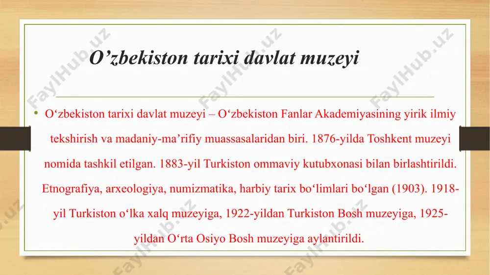 adimgi xorazm san’atidan iborat. muzeyda 10000ga yaqin xix-xx asrlarga tegishli xalq-amaliy san’ati buyumlari saqlanadi. bular: uy ro’zg’or buyumlari, gilam mahsulotlari, ot anjomlari, yog’och mahsulotlari, milliy kiyimlar va zargarlik buyumalari, shuningdek, qoraqalpoqlarning mashhur milliy bosh kiyimlari (tobelik va saukele)lardir. bundan tashqari, muzeyda qoraqalpoqlar, o’zbeklar, qozoqlar, turkmanlarning zargarlik buyumlari keng namoyish etilgan. 15000 dan ortiq arxeologik to’plam qoraqalpog’iston madaniyati tarixining asosiy bosqichlari: bronza davri va qadimiy davlatlarning vujudga kelishidan boshlab (ularning orasida eng taniqlisi qadimiy xorazm), o’rta asrlarning boshlari va xorazm temuriylar imperiyasi tarkibiga kirgan xiv asrning ohirlarigacha bo’lgan davrni o’zida aks ettiradi. ushbu to’plam o’z ichiga: spool, alebaster, tosh, suyak, yog’och, teri va matodan tayyorlangan badiiy va uy ro’zg’or buyumlarini o’z ichiga oladi. muzeydagi eng qadimiy eksponat qoyaga o’yib yozilgan rasmlarning namunasi-bukantau tog’ tizmasining qoyatoshi bo’lagidagi ikki o’rkachli tuyaning tasviri (mil.av.ii asr) hisoblanadi. arxeologik to’plamdagi eng birinchi terakotta namunasi miloddan avvalgi v asrga tegishli hisoblanadi. u ko’ylagi tovonigacha tushgan, usti yopinchiq …