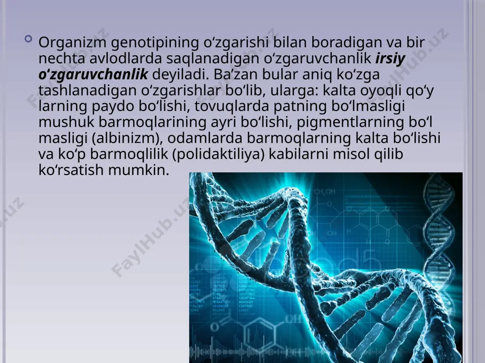 aydo bo‘lgan mutatsiyalar shu organizm belgilarining namoyon bo‘lishiga ta’sir qilmaydi, u faqat keyingi bo‘g‘inlarda namoyon bo‘ladi. bunday mutatsiyalar generativ mutatsiyalar deyiladi. agar somatik hujayralarning genlari o‘zgarsa, bunday mutatsiyalar shu organizmning o‘zida namoyon bo‘ladi va jinsiy ko‘payishda keyingi avlodga o‘tmaydi. biroq jinssiz ko‘payishda, agar organizm hujayra yoki hujayralar to‘plamidan ko‘payayotgan va unda o‘zgargan — mutatsiyaga uchragan gen bo‘lsa, bunday mutatsiyalar somatik mutatsiyalar deb ataladi va ular keyingi avlodlarga o‘tishi mumkin. mutatsiyalarning paydo bo‘lish darajalari. bir gen doirasidagi bitta yoki bir nechta nukleotidlarning o‘zgarishi yoki almashinishi bilan bog‘liq muta tsiyalar gen yoki nuqtali mutatsiyalar deb ataladi. ular oqsillar tuzilishiga o‘zgarishlar kiritadi, ya’ni polipeptid zanjirdagi aminokislotalarning ketma­ketligi yangilanadi va shu bilan oqsil molekulasining funksional faolligini o‘zgartiradi. xromosoma tuzilmasining o‘zgarishi xromosoma mutatsiyasi deb ataladi. bunday mutatsiyalar xromosomaning ma’lum bir qismining yo‘qolishi tufayli vujudga keladi. ayrim hollarda xromosomadan ajralgan qism gomologik bo‘lmagan xromosoma bilan birikib, genlarning yangi kombinatsiyasini paydo qiladi va ularning o‘zaro ta’sir xarakterini …