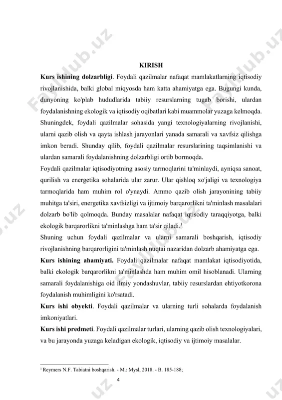 oblanadi. misol uchun, gematit, magnetit, limonit va boshqalar. mis rudalari: mis, elektr jihozlarida, qurilishda, va sanoat tarmoqlarida keng qo'llaniladi. mis rudalariga kupferit, chalcopyrit va boshqalar kiradi. oltin rudalari: oltin tabiiy holda ko'proq uchraydi va asosan zargarlik va moliyaviy sektorlar uchun ishlatiladi. oltin rudalari orasida auriferous quarts va boshqa turdagi rudalar mavjud. boshqa metallik minerallar: kumush, rux, qalay, platin va boshqalar ham metallik minerallar toifasiga kiradi. no-metallik mineral resurslar no-metallik minerallar - bu metall bo'lmagan, lekin sanoatda, qurilishda, qishloq xo'jaligida va boshqa tarmoqlarda keng qo'llaniladigan mineral moddalar. ular quyidagilarga bo'linadi: tuz (nacl): tuz asosan oziq-ovqat sanoatida, kimyo sanoatida, shuningdek, qishloq xo'jaligida foydalaniladi. gypsum (gips): gips qurilish materiallari, ayniqsa, gipsokarton va sement ishlab chiqarish uchun ishlatiladi. 1.1.1.rasm. yer osti boyliklari kum (qum): kum qurilishda, shisha ishlab chiqarishda va boshqa sanoatlarda qo'llaniladi. kavak: kavak asosan qurilish sanoatida ishlatiladi va beton aralashmalarini tayyorlashda keng tarqalgan. boshqa no-metallik minerallar: slanets, kaolin (kaolin tuprog'i) va boshqalar. …