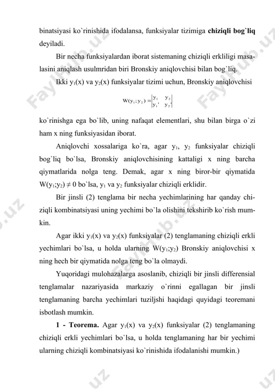 = eλx ko`rsatkichli funksiya ko`rinishida qidiramiz. funksiyani ikki mavta differensiallab, y′ = λ· eλx, у" = λ2· eλx tengliklarni olamiz. у funksiya va uning hosilalarini (2) tenglamaga qo`ysak, (λ2 + p · λ + q) · eλx = 0 tenglama hosil bo`ladi. eλx ≠ 0 (har doim musbat) ekanligini hisobga olsak, oxirgi tenglamaga teng kuchli (λ2 + p · λ + q) = 0 (3) tenglamani olamiz. (3) algebraik tenglamaga (2) differensial tenglamaning xarakteristik tenglamasi deyiladi. (2) tenglamaning fundamental yechimlari sistemasini qurishning navbatdagi qadami quyidagicha: (3) kvadrat tenglama ikki λ1 va λ2 haqiqiy yoki kompleks ildizlarga ega boisin. unda y1 = eλ1x, y2 = eλ2x funksiyalarning har biri (2) tenglamaning yechimi bo`ladi. agar ushbu funksiyalar chiziqli erkli bo`lsa, tenglama umumiy yechimi c 1 eλ1x + c2 eλ2x ko`rinishda yoziladi. agar fiinksiyalar chiziqli bog`liq bo`lsa, umumiy yechimni qurish jarayoni qo`shimcha mulohazalarni talab etadi. umumiy yechimni tuzishning xarakteristik tenglama yechimlari bilan bog`liq …