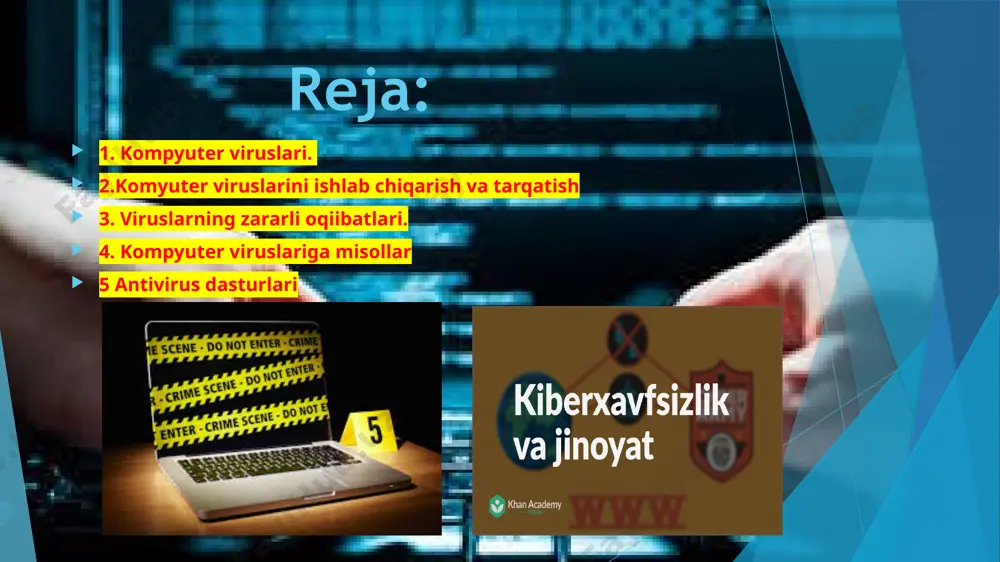 ni to’liqligicha o’rganmagan, lekin viruslarni yozish va tarqatish bilan shu’g’ullanadi. tajribasi oshib borgani sari bunday virus yaratuvchilar butun dunyoga professional viruslarni tarqatadi. bunday juda puxta o’ylab yozilgan viruslar maxoratli programmistlar tomonidan yoziladi. ularni yozishda ma’lumotlar tizimiga kirib boruvchi original algoritmlar qo’llaniladi. to’rtinchi guruxga “tadqiqotchilar” kiradi. bu grux zararlanish, berkinish, antiviruslarga qarshilik ko’rssatishning yangi metodlarini va h.k kashf qiluvchi kuchli programmistlardan tashkil topgan. ular yangi operatsion tizimga kirib borishning turlarini o’ylab topishadi. kompyuter viruslar g’oyasi shaxsiy kompyuterlardan oldin paydo bo’lgan. 1951-yil jon fon neymon o’z-o’zini yaratuvchi matematik avtomatlar yaratish usulini taklif qildi. 1959-yilda scientific american jurnali l.s.penrouzning o’z-ozini yaratuvchi mexanik strukturalarga bag’ishlangan maqolasini chop ettirdi. kompyuter viruslarinig tarixi kompyuter jinoyatchiligi faqat o`zgalar mulkini talon-toroj qilishnigina emas, balki elektron viruslarni tarqatish va boshqa jinoiy harakatlarni ham qamrab oladi. mdh davlatlari miqyosida olib qaraydigan bo`lsak, so`nggi yillarda zararli dasturlar tar­qatilishi odatiy holga aylanib qoldi. birgina rossiyada har oyda ikkitadan o`ntagacha yangi virus tarqaladi. …
