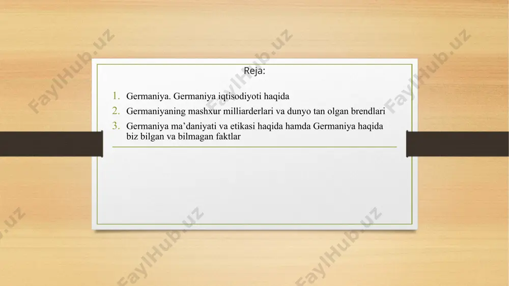 adi. olingan tabiiy gaz mamlakat ehtiyojining faqat 1/3 qismini qoplaydi. germaniyada elektr quvvatini asosan aes (30%) va ies (63%) ishlab chiqaradi. mamlakatda mashinasozlik sanoati yetakchi oʻrinni egallaydi, u sanoatning 1/2 va eksport mahsulotlarining 1/2 qismini tashkil qiladi. shuningdek,mamlakatda turizm yaxshi rivojlangan. germaniyada tosh, qoʻngʻir koʻmir (dunyoda 1-oʻrin) va kaliy tuzlari qazib olinadi. olingan tabiiy gaz mamlakat ehtiyojining faqat 1/3 qismini qoplaydi. germaniyada elektr quvvatini asosan aes (30%) va ies (63%) ishlab chiqaradi. mamlakatda mashinasozlik sanoati yetakchi oʻrinni egallaydi, u sanoatning 1/2 va eksport mahsulotlarining 1/2 qismini tashkil qiladi. germaniyada raketa, fuqarolik samolyotlari va harbiy samolyotlar, sunʼiy yoʻldoshlar, radarlar, masofaga uzatuvchi asboblar, aviatsiya va raketa dvigatellari ishlab chiqariladi, shuningdek, nazoratoʻlchash apparatlari, tibbiy jihozlar, axborot texnikasi, robototexnika, maishiy texnika, raketasozlik va optik mexanika sanoatlarida ham ishlab chiqarish yaxshi yoʻlga qoʻyilgan. germaniya kimyoviy mahsulotlar eksporti boʻyicha dunyoda 1-oʻrinda turadi. kimyo sanoatida plastmassa, sunʼiy tola va kauchuk ishlab chiqarish yaxshi rivojlangan. mamlakatda matbaachilik juda …