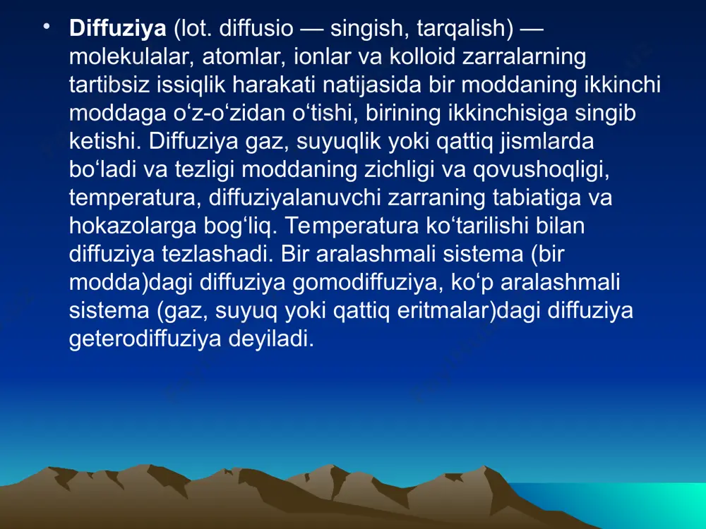 imiysi t - absolyut harorat,  - izotonik koeffitsient turli hil osmotik bosimli eritmalar plazmoliz gemoliz genri qonuni = k  p - absorbsiya koeffitsienti p – gazning bosimi k – gazning tabiatiga bog’liq doimiy genri-dalton qonuni i = ki  pi i - absorbsiya koeffitsienti pi– gazning parsial bosimi ki – gazning tabiatiga bog’liq doimiy eruvchanlikni begona moddalar mavjudligiga bog’liqligi. sechenov qonuni sechenov qonuni: erigan moddalarning mavjudligi gazlarning suvdagi eruvchanligini kamaytiradi: n --------- = n n0 eritmalarning kolligativ hossalari eritmalarning osmotik bosimi eritmalarning to’yingan bug’ bosimining pasayishi eritmalarning muzlash haroratini pasayishi eritmalarning qaynash haroratini ko’tarilishi raul qonunlari p0-p n p0-p n -------- = -------- yoki --------- = ------ p0 n + n p0 n bu erda: p0 - sof erituvchi ustidagi to’yingan bug’ bosimi p - eritma ustidagi bug’ bosimi n, n - erigan modda va erituvchining modda miqdori ebulioskopiya qonuni eritmaning qaynash haroratini ortishi erigan moddaning molal konsentratsiyasiga …