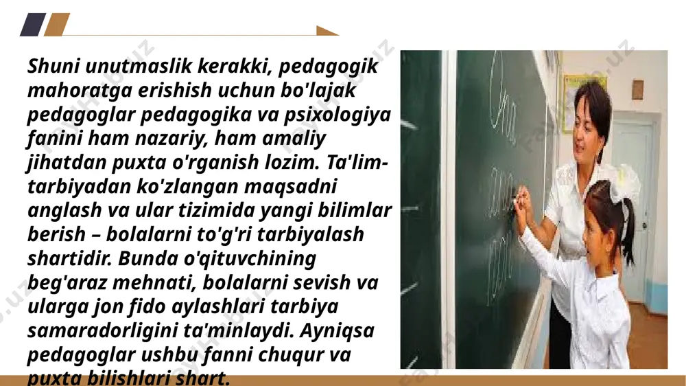 lik kasbi bir qator muhim talablarga javob berishi kerak. pedagogik mahorat asosan o'qituvchining faoliyatida namoyon bo'ladi. o'qituvchi o'z faoliyatida pedagogik mahoratga erishish uchun o'z faoliyatini boshqarish qobiliyati, yuqori bilim, etarli malaka va ko'nikmalar bo'lishi talab qilinadi pedagogik mahoratni egallash uchun o'qituvchi doimo o'z ishini tahlil qila bilishi, o'ziga o'quvchilar nazari bilan qaray olishi va kamchiliklarni tuzatish uchun tinimsiz izlanishi zarur. o'qitish jarayonida pedagog o'z faoliyatining samarali bo'lishi uchun pedagogik texnologiyani yaxshi bilishi, uning yangi-yangi yo'llarini yarata oladigan va ijodiy ishlaydigan pedagogik mahorat egasi bo'lishi zarur. pedagogik texnika va uning komponentlari, tarkibiy qismlari pedagogik mahoratga pedagogik bilimlar, fahm-farosat bilan bir qatorda pedagogik texnika sohasidagi malakalar ham kiradiki, ular tarbiyaga ozroq kuch sarflab ko'proq natijalarga erishish imkonini beradi. pedagogik texnika o'qituvchiga o'quv faoliyatida ham, o'qishdan tashqari faoliyatda ham zarur bo'lgan umumiy pedagogik malakalar majmuidan tashkil topadi pedagogik texnika – bir qancha usullarning yig'indisi bo'lib bularga: 1) o'qituvchining tashqi ko'rinishi. 2) o'qituvchining nutqi …