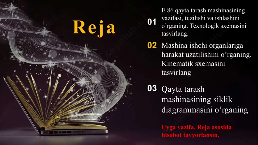 n tashkil topgan va 6-13 cho‘zish miqdorida ishlayotgan cho‘zish asbobi (7) dan o‘tadi. e 86 modelidagi qayta tarash mashinasining texnologik sxemasi keltirilgan. xolst shakllantiruvchi mashinadan keltirilgan xolstcha 1 yo‘naltiruvchi vallar 2 ga joylashtirilgan. yumalatuvchi valiklar xolstchani taroqli barabancha 10 va ustki taroq 8 ning tarash zonasiga uzatadi. mashinada jarayon sikl oralig‘ida bajariladi, taroqli barabanchaning o‘z o‘qi atrofida bir marta to‘liq aylanishi bir siklni tashkil etadi. shartli ravishda to‘liq sikl 4 ta davrga bo‘lingan, ular oldinma-ketin tartib bilan bajariladi, ammo vaqt bo‘yicha ma’lum farq oralig‘ida. hozirgi vaqtda qayta tarash mashinalarida bitta siklning davomiyligi bor-yo‘g‘i 0,2 s ni tashkil etadi va taroqli barabanchalar 600 min-1 aylanish chastota bilan ishlamoqda. e 86 qayta tarash mashinasining texnologik sxemasi 1 - xolstcha; 2 - yumalatuvchi valik; 3 - ekssentirik val; 4 - ta’minlovchi silindr; 5 - qisqichlarning pastki jag‘i; 6 - qisqichlarning yuqori jag‘i; 7 - prujina; 8 - ustki taroq; 9 - taroqli segment; …