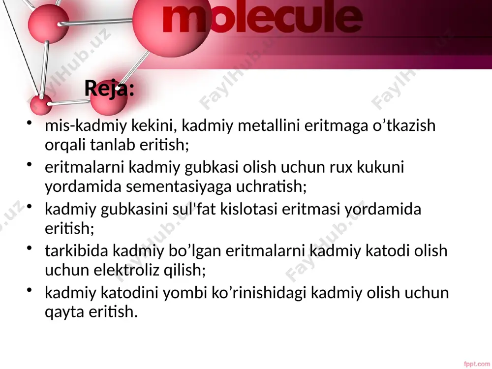 ushuntirildi. fizik va kimyoviy xossalari kadmiyning kimyoviy belgisi «cd» dir. uning atom raqami 48, vazni esa 112,41. bu davriy tizimning 2-b guruhidagi metall element. uning erish nuqtasi 321 °c, qaynash harorati 767 °c. uning zichligi 8,65 g/cm³. kumush oq va mavimsi rangga ega, tamsiz va hidsiz. bu pichoq bilan chizish uchun etarlicha yumshoq oraliq metallidir. uning kristall tuzilishi olti burchakli. bu kimyoviy xususiyatlar bo’yicha rux va simob o’rtasidagi o’xshashliklarni ko’rsatadi. ba’zi birikmalar fosforesans va lyuminestsentsiya xususiyatlarini ko’rsatadi. u ishqalanish va oksidlanishga yuqori qarshilikka va yuqori elektrmanfiylikga ega. uning birikmalarida «2+» qiymatga ega. havoda qizdirilsa, u qizil alanga bilan yonadi va quyuq tutun va kadmiy peroksid hosil qiladi. nam havoda asta oksidlanadi. oksid qatlami metallni to’liq qoplaydi. uning bug’lari monatomik va to’q sariq rangga ega. u asoslarda erimaydi. u kislotalar bilan tezda reaksiyaga kirishadi va tuzlar hosil qiladi. ba’zi sulfatlar bilan qo’sh tuzlar hosil qiladi. xlorid, nitrat va sulfat tuzlari suvda …