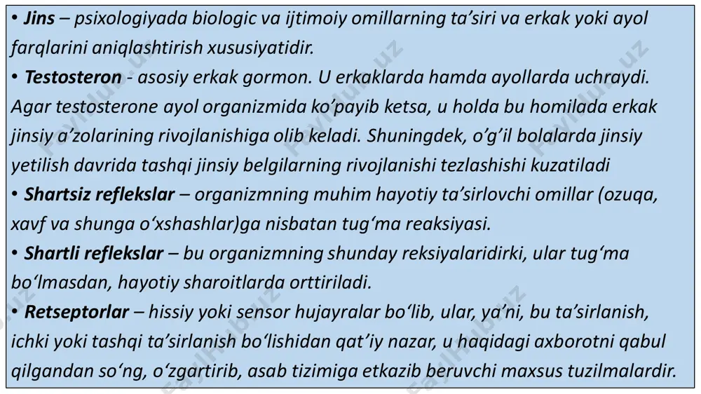 ek, ijtimoiy mahsulotdir.ong yuzaga kelishining asosiy sharti, vositasi tildir. psixikaning eng quyi darajasi ongsizlikdir. ongsizlik – bu shunday psixik jarayonlar va hodisalar yig‘indisiki, unda inson o‘z xatti-harakatlariga javob bermaydi, anglamaydi. bunga tush ko‘rish, ba’zi patologik hodisalar, alaxlash, gallyusinatsiya kabilar kiradi. markaziy nerv tizimining tor aloqasida ikkinchi aloqa tizimi ya`ni endokrin tizimi joylashgan. endokrin tizimining temir moddalari kimyoviy gormonlarni ishlab chiqaradi. bu gormonlar tananing bir to’qimasida ishlab chiqariladi.va qon oqimi bilan boshqa to’qimalarga quyiladi va ularga ta’sir qiladi. •нейрон – асаб тизимининг функционал бирлиги. •нейрон – электр ва кимевий сигналлардан фойдаланган холда маълумотни кайта ишлайдиган, саклайдиган ва узатувчи электр кузгалувчан хужайра. •бош мияда 86-95 миллиардга якин нейронлар аникланади •нейронлар бир-бирлари билан бирга богланиб нейрон турини хосил килади. •нейронда битта аксон ва бир нечта дендритлар булиши мумкун. •дендритлар бир-бирлари билан бошланиб бизнинг нейрон туримизни, хосил килади. hozirgi zamon fanida jadal rivojlanib,katta qiziqish uyg‘otayotgan va inson sirsinoatlariga chuqurroq kirib borishga muvaffaq bo‘lgan soha …