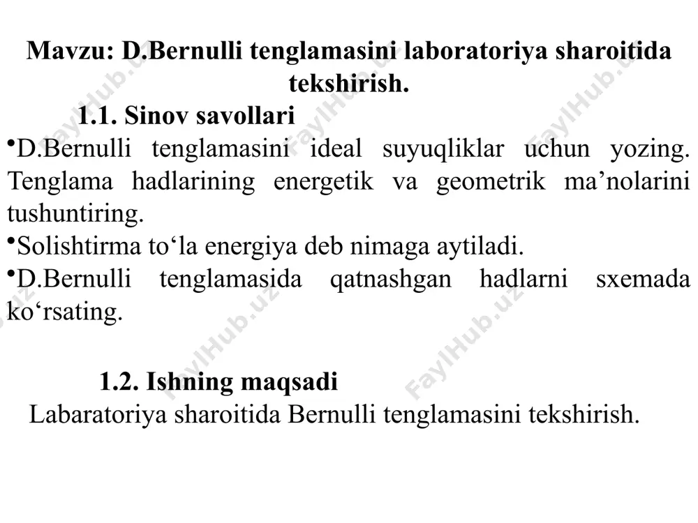 qurilmasining tasviri laboratoriya qurilmasining tasviri . qurilma bosimli bak 1 va har-xil kesimli quvur 2 dan iborat. bak 1 tashqi quvurdan jumrak 5 orqali to'ldiriladi. oqova nov 4 yordamida bak 1 dagi suvning sathi bir tekisda ushlab turiladi. bu esa suvning quvurda barqaror harakat qilishini ta'minlaydi. quvur 2 da suv sarfi q o'zgarishi jumrak 6 orqali rostlanadi. bak 1 ga va quvur 2 ga p'ezometrlar 3 ulangan. p'ezometrlarning 0 nuqtasi quvur 2 ning o'q kesimiga to'g'rilangan. suvning sarfini hajmiy usulda, maxsus darajalangan idish 7 yordamida sekundomer orqali o'lchanadi. d.bernulli tenglamasida qatnashgan hadlarni sxemasi silindrik quvurlar suyuqlik to`lib oqqanda xo‘llangan perimetri kesim yuzasi gidravlik radiusi oqim sarfi o‘rtacha tezlik suyuqlik to`lmay oqqandа kesim yuzasi gidravlik radiusi xo‘llangan perimetri d d pyezometrlar № o‘lchangan qiymatlar hisoblangan qiymatlar pyezometrik chiziq p-p to'la napor chizig'i e-e z, (sm) d, (sm) p/γ (sm) t, (sek) w, (sm3) q, (sm3/s) ω, (sm2) ϑ, (sm2/s) (sm) (sm) …