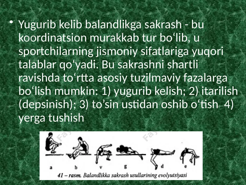 «peretyagivanie» usuli texnikasi asosan oxirgi uchish qism ida buziladi. «hatlab o‘tish» usulini boshlang‘ich yengil atletikachilar kursida—fosbyuri — flop»ning yoysimon yugurish texnikasini o ‘rgatishda foydalanish mumkin balandlika sakrash usullarida sakraganda yerga tushish vaqtida qo‘lga, belga, yelkaga katta kuch tushishi mumkin. shuning uchun sakrovchiga avvalo , yerga mayin tushishni o‘rgatish, yelka kamari va qo‘l muskullarini mustahkamlash va erga tushadigan joyni yaxshilab tayyorlash kerak. 0‘rgatishni 1-4 yugurish qadami tashlab sakrashdan boshlagan ma’qul. shunda shug‘ullanuvchining depsinishni va keyinchalik planka ustidan o‘tishni bilib olish osonroq bo‘ladi. depsinish va planka ustidan o‘tishni o‘zlashtirgandan keyin ancha uzoqroqdan yugurib kelib, asta-sekin tezlikni va plankani ko‘tarib sakrashga o‘tiladi.har bir harakatni ko‘p marta takrorlash lozim. oldin taqlid mashqlari bajariladi, keyin esa harakatlar planka ustidan sakrab o‘rganiladi. chinakam mashqqa yaqin keladigan mashqlardan tashqari, kuch va egiluvchanlikni rivojlantiradigan, umumiy va maxsus sakrash mashqlarini keng qo‘llash kerak.quyida yugurib kelib balandlikka sakrash texnikasini o‘rgatish uslubiyati berilgan. boshida balandlikka sakrashning “hatlab o‘tish”usulini o'rgatish uslubiyatini to‘liq …