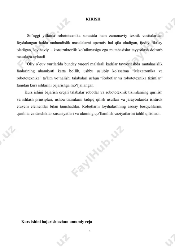 dalanib bajariladigan kurs ishlari. 1. robototexnik tizimlar uchun bmp280 bosim sensorini integratsiyalash 2. robotlar uchun ds18b20 harorat sensorini ishlab chiqish 3. avtomatlashtirilgan tizimlarda ds1307 rtc modulidan foydalanish 4. robototexnik dasturlarda ds3231 rtc modulini o'rnatish 5. havo sifati (changlanish bo’yicha) sensori gp2y1014au0f bilan robotlar sensor tizimlarini loyihalash 6. robototexnik interfeys sifatida 16x2 lcd displeyni qo’llash 7. rgb ledlarni robototexnik holat ko'rsatkichlari sifatida qo'llash 8. dht11 namlik va harorat sensoridan robototexnikada foydalanish 9. robot manipulyatorlarda ikki o'qli joistik kontrollerini ishlatish 10. robotlar uchun yong’in aniqlash sensori bilan xavfsizlik tizimini yaratish 11. hall effekti sensorini robototexnik pozitsiyalash tizimida qo'llash 12. ir sensorlaridan robototexnik navigatsiya tizimlarida foydalanish 13. lm35 harorat sensori yordamida robotlarning termal boshqaruvini ishlab chiqish 14. mpu6050 giroskop/akselerometrini robototexnik harakat nazoratida qo'llash 15. ntc termistorlaridan robototexnik muhit monitoringi uchun foydalanish 16. rcwl-0516 radar sensorini robotlarning masofani o'lchash tizimlarida integratsiyalash 17. rfid texnologiyasi yordamida robotlarda identifikatsiya tizimlarini loyihalash 18. robototexnik ma'lumotlar bazasi uchun …