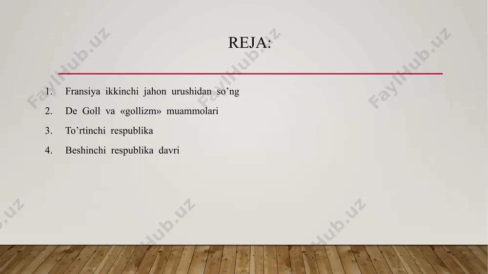 i bilan boglik edi. «kurashayotgan fransiya» vatanparvarlik harakatining rahbari bo’lgan bu insonning irodasi va siyosiy qarashlari urushdan keyingi fransiya tarixida hal qiluvchi ta'sir ko’rsatdi. sharel de goll sharel de goll 1890 – yil 22 – noyabrda lill shaxrida eski dvoryan oilasida tugilgan. uni yuksak kobiliyatli kishi sifatida katolik va'zxoni yoki katta yozuvchi bo’lib kelajagi ko’tardi. biroq u butun umrini qo’shin bilan bogladi, bu esa uni keyinchalik siyosiy faoliyat maydoniga etaklab keldi. 1940 – yil iyunda fransiya kapitulyatsiya qilingan kunda de goll bi – bi – si da chiqish qilib, frantsuz qo’shinini fashist boskinchilariga qarshi kurashni davom ettirishga da'vat etdi. de goll shu kuni zobitlik mansabini tugatdi va davlat arbobi sifatidagi hayotini boshladi. uning fransiyani buyuk davlat sifatida tiklanishini asosiy maksad qilib kuygan siyosiy konseptsiyasi «gollizm» nomini oldi. e goll faoliyatining ahamiyati sh. de goll faoliyatining ahamiyati shunda ediki, u fransiya xukumron doiralarining an'anaviy qarashlaridan yukori tura oldi va ijtimoiy guruxlarga …