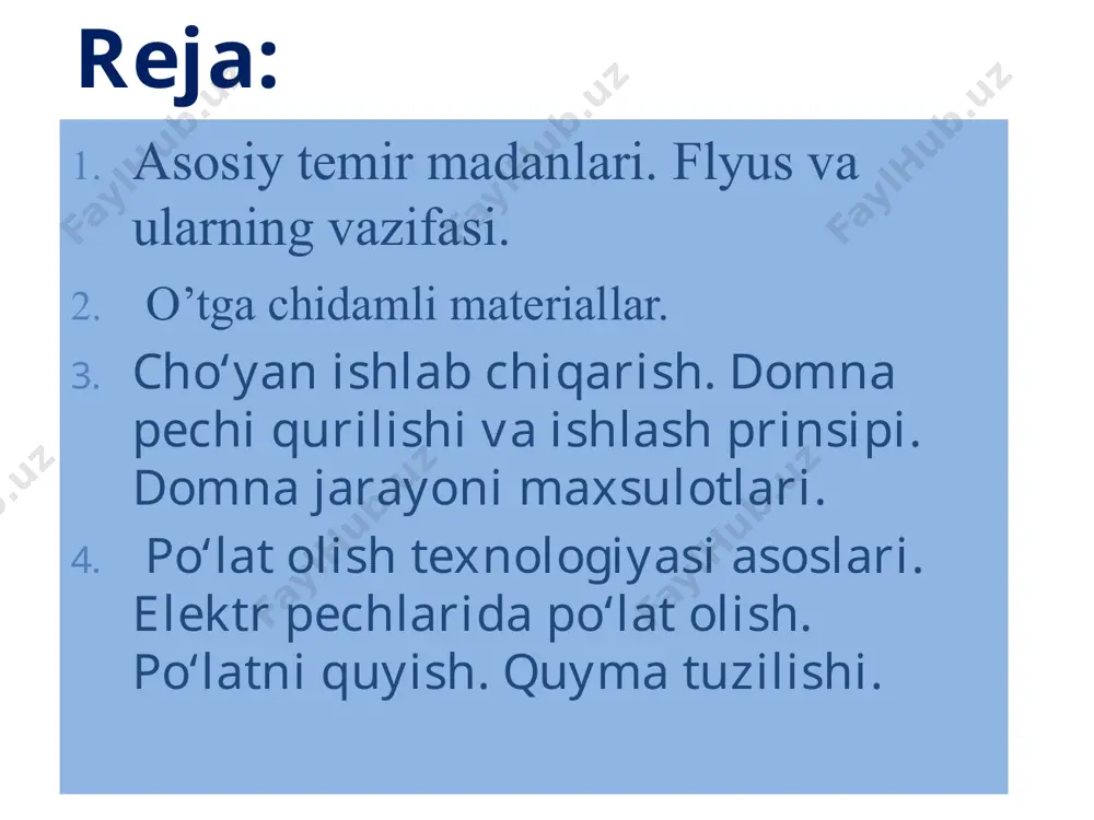 ‘ladi. 2) asosli materiallar: magnezit (mgso3) g‘isht va kukun holatda ishlatiladi. uning suyuqlanish temperaturasi 2000-2400ocga yaqin. dalamit (saso3 ·mgso3) g‘isht va kukun holatda suyuqlantirib olish pechlari devoriga va ayniqsa ta’mirlashga ishlatiladi. uning suyuqlanish temperaturasi 1800-1950oc ga yaqin. 3) neytral material- eng ko‘p ishlatiladigan materialdir. bu material gil bilan qumtuproqdan tayyorlanadi. texnikada shamot deb ataladi. uning suyuqlanish temperaturasi 1630-1770ocga yaqin. davomi yoqilg‘ilar. yonish jarayonida yuksak issiqlik energiyasi chiqaradigan organik moddalar texnikada yoqilg‘i deyiladi. yoqilg‘ilar quyidagilarga bo‘linadi; 1. tabiiy qattiq yoqilg‘ilar- o‘tin, torf, qazilma ko‘mir, sun’iy koks, pista ko‘mir. 2. tabiiy suyuq yoqilg‘ilar- neft, benzin, kerosin va turli moylardan texnikada foydalaniladi. 3. tabiiy gaz yoqilg‘ilar- tabiiy gaz, sun’iy gaz. ma’danlarni suyultirishga tayyorlash. ma’danlarni suyultirishga tayyorlash quyidagi operatsiyalarga bo‘linadi. 1. maydalash 2. g’alvirdan o‘tkazish 3. boyitish: a) madanlarni yuvish b) elektromagnit usuli bunda ruda elektromagnit seperatorlardan o‘tkaziladi. bu usul bilan ishlansa, ruda 5-15% ga boyitish mumkin. davomi v) madanlarni qizdirish 4. aglomeratsiya mayda …