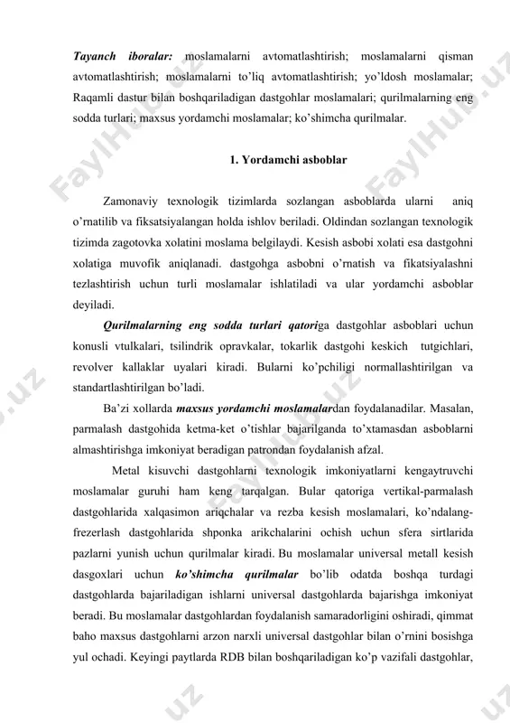 boshqariladigan ko’p vazifali dastgohlar, moslanuvchan avtomatik liniyalar keng rivojlandi. shu sababli asboblarni tez va aniq o’rnatish qurilmalari, almashuvchan asboblar bloklari (ko’p keskichli supportlar, revolver kalaklar) ishlatish ahamiyati oshmoqda. bunday qurilmalar yordamida asboblar dastgohdan tashqarida o’rnatilib aniq sozlanadi. shundan keyin kurilma markazlashtiruvchi buyincha konuslar va boshqa elementlar yordamida dastgohda aniq xolatga keltirib joylashtiriladi. shu bois asboblarni almashtirish va dastgohni kayta sozlash uchun sarflanadigan vaqt tejaladi. oddiy turdagi avtomat dastgohlarda, avtomatik liniyalarda va rdb dastgohlarida asboblarni avtomatik ravishda almashtirish masalasi juda muxim masala hisoblanadi. vertikal normallash dastgohlarida samaradorlikni raversiv rezba kesish patronlarni ta’minlaydi. bu patronlar rezba kesaetgan teshikning oxiriga yetgach teskari tamonga aylanishni boshlaydi va metchikni sinishdan saqlab teshikdan chiqaradi. teshiklarni ochish va xalqasimon arikchalar ochish uchun patronlar ham dastgohlar texnologik imkoniyatlarni kengaytiradi. oddiy parmalash dastgohlarida ko’pshpindelli kallaklar ishlatish ham yuqori samara beradi. bu kallaklar yordamida birdaniga bir nechta teshiklarga ishlov beriladi. ba’zi kalllaklar konstruktsiyalarida shpindellar orasidagi masofalarni o’zgartirish imkoniyati yaratilgan. shunday …