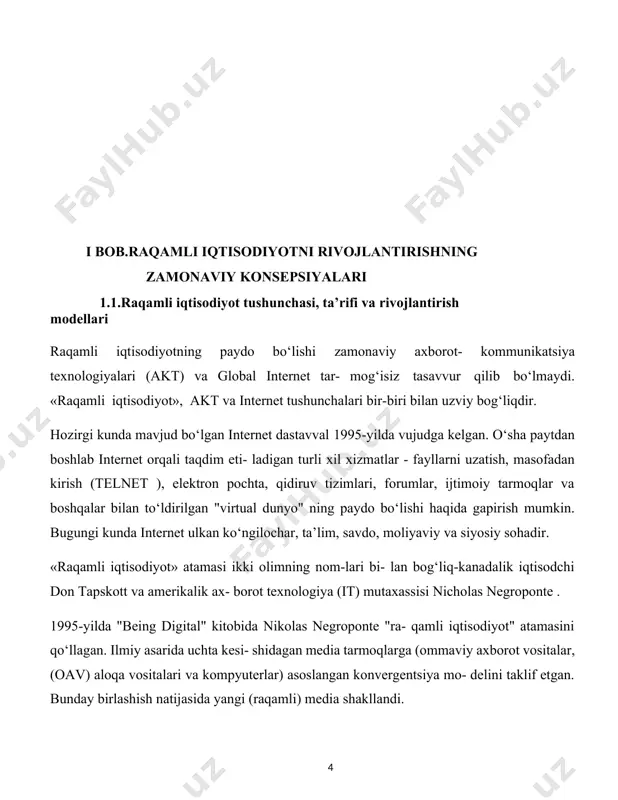 rilgan. raqamli iqtisodiyotda axborotlar hisoblash qurilmalar yordamida raqamli shaklda ifoda- langan. bu dunyoning turli burchaklaridagi odamlar orasida qisqa vaqt ichida juda katta miqdordagi ma’lumotlarning erkin harakatlanishiga imkon beradi. virtuallashtirish – raqamli iqtisodiyotda jismoniy va moddiy buyurmalarni virtual ko‘rinishga aylantirish mumkin. de- mak, turli xil munosabatlarga (sanoat, ijtimoiy va boshqalar), te- gishli bo‘lgan oldin qabul qilingan qoidalarni va iqtisodiy faoli- yatning mazmun-mohiyatini o‘zgartiradi . dinamizm – an’anaviy tashkiliy tuzilmalar yanada dina- mik ish muhitiga yo‘l beradi. loyihalashtirish ishlari dunyoning turli burchaklaridan turib birga ishlayotgan odamlar tomonidan amalga oshirilsa yanada samaraliroq bo‘ladi. raqamli iqtisodiyot- da ular “yengil tashkilot” deyiladi. ular yangi sharoitlarda omon qo- ladi, "og‘ir tashkilotlar" esa statik, oxir-oqibat raqamli iqtisodiyot sharoitlarigamoslasha olomaganligi tufayli yo‘qolib ketadi. integratsiya – mikro darajada alohida tashkilot yan- gi axborot-kommunikatsiya texnologiyalari hisobiga kichik kom- paniyalarning barcha afzalliklariga ega. makro darajada, iqti- sodiyot har doimgidek ishlaydi, chunki barcha ishtirokchilar – yetkazib beruvchilar, iste’molchilar, raqobatchilar va boshqalar bir …