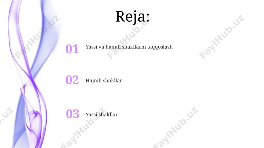 ga emas, shuning uchun ularning qalinligi nolga teng. tekis shakllarga misollar tekis shakllarga misollar sifatida to'g'ri to'rtburchak va parallelogrammlarni keltirish mumkin. to'g'ri to'rtburchakning 4 ta to'g'ri burchagi mavjud, parallelogrammning qarama-qarshi tomonlari esa parallel va teng. volumetrik shakllar ta'rifi volumetrik shakllar 3d koordinatalar tizimida aniqlanadi. ularni yaratish uchun turli xil usullar qo'llaniladi, masalan, aylantirish, ekstruziya yoki 2d shakllarni 3-o'lchovli fazoga ko'chirish. haqida volumetrik shakllar matematika, fizika va kompyuter grafikasi kabi sohalarda muhim ahamiyatga ega. ular, masalan, binolarni loyihalashda, mahsulot modellarini yaratishda yoki vizualizatsiyalarda keng qo'llaniladi. volumetrik shakllarni tekislikda tasvirlash tekislikda hajmli shakllarni tasvirlashda perspektiva qonunlari qo'llaniladi. bu qonunlar uchta asosiy nuqtani o'z ichiga oladi: yo'qolish nuqtasi, gorizont chizig'i va oldingi plan. izometrik proektsiya 3d shakllarni tekislikda tasvirlash usuli bo'lib, uchta o'q bir-biriga 120 gradus burchak ostida joylashgan. bu usulda jismning barcha o'lchamlari bir xilda ko'rsatiladi. volumetrik shakllarni tekislikda tasvirlash tekis shakllarni volumetrik ko'rinishda tasvirlash uchinchidan, tekstura va material xususiyatlarini qo'llash tekis …