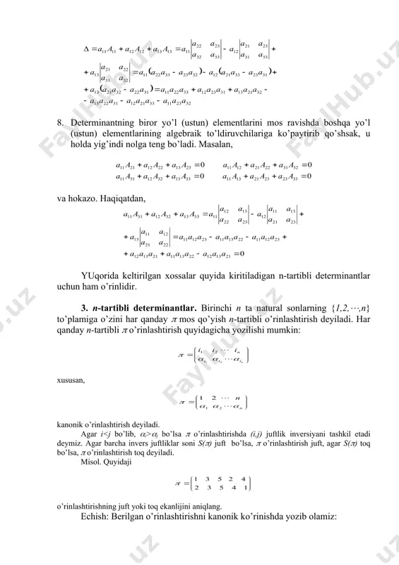 sh uchun n=3 bo’lgan holini ko’raylik. barcha 3-tartibli o’rinlashtirishlar quyidagicha bo’ladi: har bir o’rinlashtirish uchun inversiya sonini hisoblasak: s((1)=0, s((2)=2, s((3)=2, s((4)=3, s((5)=1, s((6)=1 ekanligiga ishonch hosil qilamiz. u holda ta’rifga ko’ra: ya’ni 3-tartibli determinant uchun avval keltirilgan formulani hosil qildik. yuqoridagiga o’хshab, n-tartibli determinant uchun ham algebraik to’ldiruvchini kiritish mumkin. u holda 2-tartibli va 3-tartibli determinantlarning barcha хossalari n-tartibli determinantlar uchun ham o’rinli bo’ladi. хususan, (3) (4) bu erda aik algebraik to’ldiruvchilar n-1 tartibli determinantlardir, shu sababli, (3), (4) formulalarni n-tartibli determinantni hisoblashning tartibini pasaytirish yoki satr va ustun elementlari bo’yicha yoyish usuli deb ham atashadi. misol. hisoblang: echish: masalan 3-ustun elemenlarini avval 2-ustunja va –2 ja ko’paytirib 1-ustunga qo’shamiz: 3-ustunni - 4 ja va 3 ja ko’paytirib, mos ravishda 1- va 2-ustunlarga qo’shsak: embed equation.3 _1331478348.unknown _1331478356.unknown _1331478361.unknown _1331478366.unknown _1331478368.unknown _1331478369.unknown _1331478371.unknown _1331478367.unknown _1331478364.unknown _1331478365.unknown _1331478363.unknown _1331478359.unknown _1331478360.unknown _1331478358.unknown _1331478352.unknown _1331478354.unknown _1331478355.unknown _1331478353.unknown _1331478350.unknown _1331478351.unknown _1331478349.unknown _1331478339.unknown _1331478344.unknown …