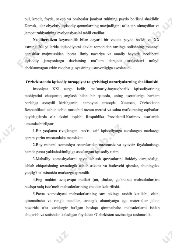 da markazga qaramlik. 4.eng muhim oziq-ovqat mollari (un, shakar, go‘sht-sut mahsulotlari)va boshqa xalq iste’moli mahsulotlarining chetdan keltirilishi. 5.paxta xomashyosi mahsulotlarining suv tekinga tashib ketilishi, oltin, qimmatbaho va rangli metallar, strategik ahamiyatga ega materiallar jahon bozorida o‘ta xaridorgir bo‘lgan boshqa qimmatbaho mahsulotlarni ishlab chiqarish va sotishdan keladigan foydadan o‘zbekiston xazinasiga tushmaslik. 6.iqtisodiy o‘sish sur’atlari samaradorligi ko‘rsatkichlarining salbiy darajadaligi ortib borishi, moliya-pul tizimining butkul ishdan chiqishi. 7.xorijiy mamlakatlar bilan bevosita tashqi iqtisodiy aloqalarning cheklanganligi. 8.qishloq joylarda yashirin ishsizlik, shahar va qishloqdagi turmush darajalaridagi farqning ortib borishi. 9.o‘zbekiston aholisi turmush darajasi ko‘rsatkichlarining sobiq sssrdagi eng oxirgi o‘rinlardan biriga tushib qolganligi. 10.ekologik muammolarning keskinlashuvi, yer-suv resurslaridan ayovsiz foydalanish, yerlar sho‘rlanishining ortishi, cho‘l zonalarining kengayishi. yuqorida keltirilgan xulosalarni isbotlovchi dallillar jumlasiga quyidagilar kiradi: 1. 1991 yilda yetishtirilgan paxta xomashyosining bor-yo‘g‘i 3,5% i pirovard iste’mol uchun respublikada qayta ishlangan. 2. 1990 yilda respublikada mavjud korxonalarning 38% sobiq ittifoq, 54% sobiq ittifoq-respublika, bor-yo‘g‘i 8% korxonalar respublika mulkchiligi …