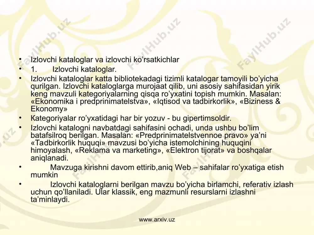 alitli so’zlarda va sh.o’. larda izlash qo’shimcha imkoniyatlarni beradi.. www.arxiv.uz www.arxiv.uz shu bilan birga bitta server yoki bir necha serverlar bilan ishlashni cheklash mumkin, aniq url - adres yoki tasvirlarning fayllariga giperishoratlar bor hujjatlarni izlash mumkin. 6. e-mail adreslarini izlash jaxon kompyuter tarmog’ida elektron adreslarni izlash uchun mo’ljallangan bir necha qidiruv tizimlari bor. ushbu tizimlar ro’yhati va ularni url – adreslari 2-jadvalda keltirilgan. www.arxiv.uz www.arxiv.uz elektron adreslarni qidirish uchun tizimlar. 2-jadval. nomlanishi url - adres bigfoot http://www.bigfoot.com internet addres finder (iaf) http://www.ief.net/ yahoo http://www.yahoo.com.rips/ whowhere ? http://www.whowhere ? infospace directory service http://www. infospace.com switchboard http://www switchboard.com. moskva va peterburg shaxar telefon ma’lumotnomasi http://www.interweb.spb.ru/phone ushbu ma’lumotlar bazalariga chiqish uchun faqat pochta mijozining «adresnaya kniga» sini ochish lozim, «poisk lyudey» tugmasi bosiladi va «mesto poiska» ro’yhatidan kerakli tizim tanlanadi. outlook express dasturi quvvatli qidiruv tizimlariga to’g’ridan to’g’ri chiqishni ta’minlaydi. www.arxiv.uz www.arxiv.uz foydalanilgan adabiyotlar: 1. s.s.g’ulomov va boshqalar. axborot tizimlari va texnologiyalari. toshkent …
