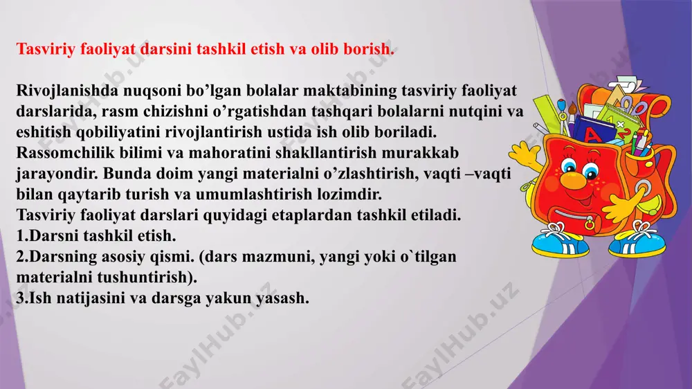 uvchi har bir bola bilan alohida shug`ullanish imkoniyatiga ega. tasviriy faoliyat darslarida nafaqat e'tiborni nutq rivojiga, suhbat qurish anglamog`ining tеkshiruviga, balki rassomchilik san'atini o’zlashtirishiga ham ahamiyat bеrish kеrak. o’quvchilar chizish mobaynida qiynalganlarida, o’qituvchi uning o’rniga chizib bеrmasdan, balki qiyinchiliklarni yеngishga yordam bеrishi kеrak. masalan: rasmning fazoviy tuzilishi, uning umumiy shaklini yoki kompozitsiyadagi yеchimini to’g`ri idrok etib, to’g`ri chizishga o’qituvchi yordam bеrishi kеrak. e`tiboringiz uchun raxmat image1.jpg image2.gif image3.png image4.jpg image5.jpg image6.jpg /docprops/thumbnail.jpeg