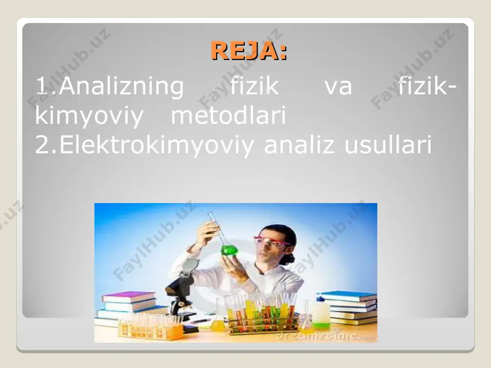 o’tkazish osonlashadi. buning uchun dastlab aniqlanuvchi elektrolit konsentrasiyalari ma’lum bo’lgan eritmalarniyag elektr o’tkazuvchanligini o’lchash yo’li bilan kalibrlangan grafik tuziladi. so’ngra tekshirilayotgan eritmaning elektr o’tkazuvchanligi o’lchanadi va kalibrlangan grafikdan foydalanib ayni elektr o’tkazuvchanlikka muvofiq keluvchi konsentrasiya topiladi. polyarografik analiz usuli ham tekshirilayotgan eritmani elektroliz qilishga asoslangan. bunda polyarografdan foydalaniladi. polyarograflar avtomatik ravishda vol’tamper bog’lanishinn chiza oladi. u kuchlanishning ko’tarilishi bilan diffuzion tok kuchining o’zgarishidan iborat bog’lanishni ifodalaydi. ana shu bog’lanish xarakteriga ko’ra eritmada kationlarning mavjudligi va ularning miqdori haqida xulosa chiqariladi. polyarografiya usuli, yuqorida eslatib o’tilgan maqsadlardan tashqari eritmalarni titrlash jarayonida ekvivalent nuqtani aniqlashda ham qo’llaniladi. bu usul 1922 yilda chex olimi ya. geyrovskiy tomonidan taklif etilgan. elektrogravimetriya usuli aniqlanayotgan elementni (yoki moddani) elektroliz yordamida elektrod yuzasida cho’ktirishga asoslangan. bunda elektrod yuzasi tozalanadi va uning massasi o’lchanadi, so’ng tekshirilayotgan eritmaga tushiriladi, elektrodlarga o’zgarmas tok beriladi, elektroliz tugagandan so’ng elektrodning massasi yana aniqlanadi. elektrod massalarining farqidan foydalanib, eritmadagi element (yoki modda) miqdori …
