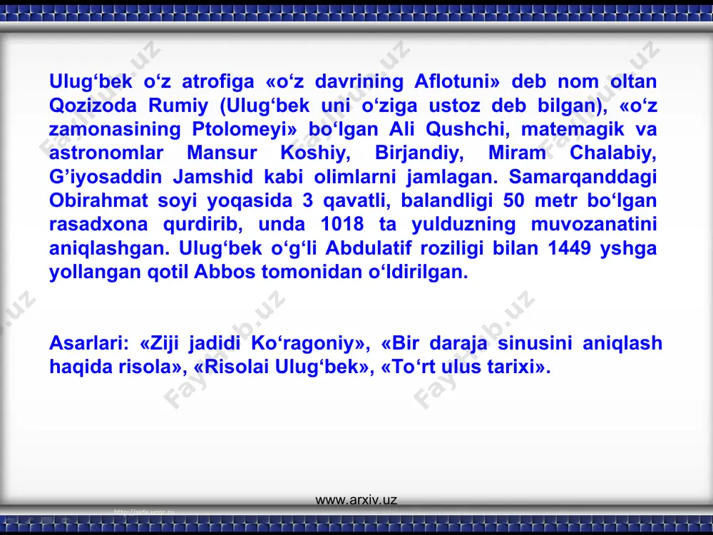 ng qurilish ishlari 1420 yili yakunlangan degan fikrga keladi. arxeolog v.shishkin rasadxona qoldiqlarini qazish paytida uning janub tomonidan topilgan uchta tanga haqida gapirib, ulardan ikkitasining chetida 823 hijriy yil(melod bo‘yicha 1420 yil) degan yozuv bo‘lganini ma'lum qiladi. mirxondning "ravzat us-safo"da yozishicha, rasadxona binosi jadal sur'atlar bilan qurilganini inobatga olinsa, u 1420 yoxud 1421 yili qurilganligi ayon bo‘ladi. solih zakiyning "osor al-boqiya" asarida "ulug‘bek 824 hijriy yili(ya'ni 1420 yili) qurilgan rasadxonaga g‘iyosiddin jamshid va qozizoda rumiyni yetakchi shaxslar etib tayinladi", - deb yozadi. "ziji guragoniy"ning so‘zboshisida: "biz yoritg‘ichlarni kuzatish masalasini hal qildik. ularni qozizoda rumiy va g‘iyosiddin jamshid hamkorligida bajardik... bunda muhim ish("zij")ni yozish va rasmiylashtirishning (g‘.jalolov forscha "soxta va pardoxta" so‘zlarini shunday tarjima qilib, unga bir necha misollar keltiradi) boshida g‘iyosiddin, keyinroq qozizoda rumiy vafot etdi. shundan so‘ng ishni oxirigacha rasmiylashtirish (ulug‘bekning) qimmatli o‘g‘ilxoni ali ibn muhammad qushchi bilan birgalikda amalga oshirildi". www.arxiv.uz www.arxiv.uz astronom g‘.jalolov sobiq ittifoq fa astronomik …