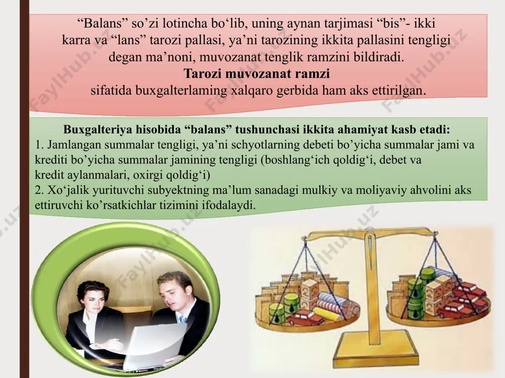 bir necha mayda korxonalarga bo‘linish vaqtiga yoki shu korxonaning bir yoxud bir necha tarkibiy bo‘linmasini boshqa korxonaga berish vaqtiga tuziladi. birlashtirish balansi bir necha korxonalar bitta balansga birlashganida tuziladi. © copyright presentationgo.com – the free powerpoint template library 10 01 02 tiklash qiymati - asosiy vositalarni qayta baholash bilan bog‘liq bo’lgan qiymati qiymat usuli (bozor bahosi) – sotish sof qiymati tannarx usuli – keltirish yoki ishlab chiqarish tannarxi baholash turlari © copyright presentationgo.com – the free powerpoint template library 11 aks ettirish obyektiga ko‘ra balanslar mustaqil va alohida balansga ajratiladi. mustaqil balansni yuridik shaxs bo‘lgan korxonalar tuzadi. alohida balansni korxonaning tarkibiy bo’linmalari (filiallar, sexlar, korxonaning avtotransport va turar-joy hamda kommunal xo‘jaliklari) tuzadi. © copyright presentationgo.com – the free powerpoint template library 12 тозалаш усулига кўра баланслар брутто-баланс ва нетто-балансларга бўлинади. брутто баланс нетто-баланс тартибга солувчи моддаларни ўз ичига олувчи балансдир. воситаларнинг ҳақиқий қийматини (таннарх ёки қолдиқ қийматини) аниқлашда суммалар бошқа …