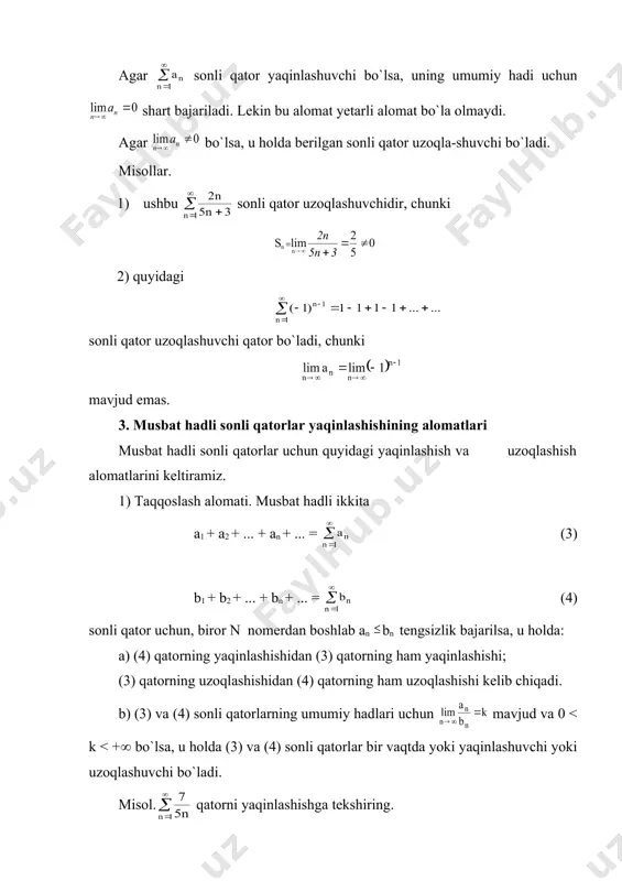 saki, n n bo`lganda barcha uchun bajarilsa, (1) funktsional qator l to`plamda s(x) funksiyaga tekis yaqinlashadi deyiladi. agar funktsional qator l to`plamda yaqinlashuvchi bo`lsa, u holda qator bu to`plamda tekis yaqinlashuvchi bo`lishi shart emas, ammo l to`plamning biror bir to`plam ostida yaqinlashishi tekis bo`li-shi mumkin. funktsional qatorning tekis yaqinlashuvchi bo`lishining veyersht-rass alomati. agar (1) funktsional qator uchun hadlari musbat shunday yaqinla-shuvchi qator mavjud bo`lib, l to`plamda bo`lsa, u holda funktsional kator l to`plamda tekis yaqinlashadi. misol. ushbu funktsional qator to`plamda tekis yaqinlashadi, chunki va yaqinlashuvchidir. 2. funktsional qator yig`indisining funktsional xossalari funktsional qator yig`indisining quyidagi funktsional xossalarini keltiramiz: 1) agar funksiyalar [a,b] da uzluksiz bo`lib, bu funksiyalardan tuzilgan ushbu f1(x) + f2(x) + ... + fn(x) + ... funktsional qator bu oraliqda f (x) funksiyaga tekis yaqinlashsa: a) f (x) funksiya [a,b] oraliqda uzluksiz; b) [a,b] oraliqda funktsional qatorni hadma-had integrallash mumkin bo`ladi: misol. ushbu 1 + x + x …