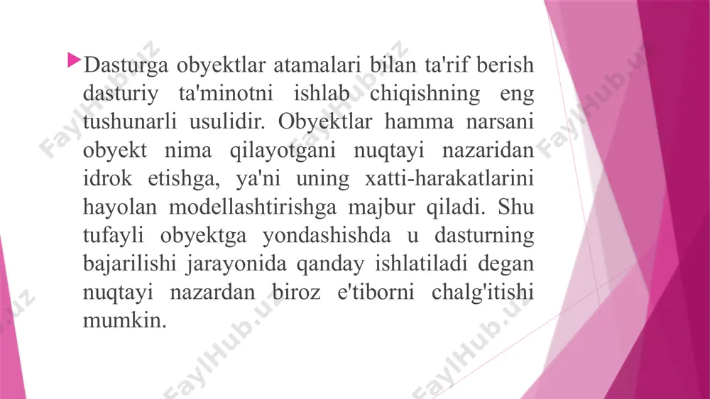 balki obyektlarning tavsifi va ular ustida o'tkaziladigan operatsiyalarni kodli konstruksiyalarda o'zida mujassamlantiradigan dasturlash metodologiyasi (uslubiyoti) ning natijasidir. har bir sinf sinflar tabaqalanishida (ierarxiyasida) ma'lum o'rinni egallaydi. masalan, barcha soatlar vaqtni o‘lchash asboblari sinfiga (tabaqalanishda ancha yuqori turgan) mansub, soatlar sinfining o'zi esa xuddi shu mavzudagi ko'plab hosila variatsiyalarni o'z ichiga oladi. shunday qilib, har qanday sinf obyektlarning biror bir kategoriyasini aniqlaydi, har qanday obyekt esa biror bir sinf ekzemplyari (nusxasi)dir. sinfda o’zgaruvchi va metodlar yaratish. sinflar ma'lum maqsadlarga erishish uchun ishlab chiqiladi. odatda dasturchi mavhum g'oyadan boshlaydi va u asta-sekin loyihani ishlab chiqish jarayonida turli detallar bilan to’ldirib boriladi. ba'zida bir-biriga g'oyat o'xshash bo‘lgan bir necha sinfni ishlab chiqish bilan ish tugallanadi. sinflarda kodlarni bu kabi takrorlash (dubllashtirish)dan qochish uchun bu sinflarni ikki qismga bo'lish kerak, ya'ni umumiy qismni ota sinfida aniqlab, farqlanadiganlarini hosila sinfda qoldirish kerak. sinf ichidagi har bir e'lon qilish, sinf nomi qaysi seksiyada paydo bo'lishiga qarab, …