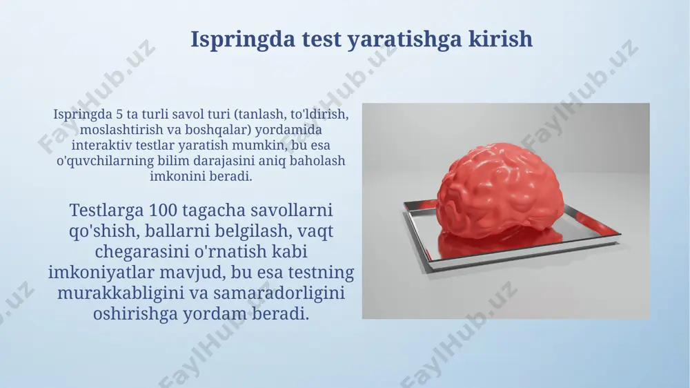 daraja burchak ostida batafsil ko'rish imkoniyatini beradi. tayyor 3d kitobni html5 formatida eksport qilish orqali uni 20 dan ortiq turli xil brauzerlarda va qurilmalarda, shu jumladan mobil qurilmalarda ham ko'rish mumkin. test turlarini tanlash ispring’da 20 dan ortiq turdagi test savollari, jumladan, bir nechta javobli, to'g'ri/noto'g'ri, to'ldirish va tartiblab qo'yish kabi variantlar mavjud bo'lib, ular turli o'quv maqsadlariga moslashtirilishi mumkin. ispring’ning test turlarini tanlashda, o'quv materiallarining murakkabligi va maqsadli auditoriyani hisobga olish kerak, bu esa 5 dan 10 gacha savol qo'shish orqali testning samaradorligini ta'minlaydi. 3d kitobni eksport qilish ispringda yaratilgan 3d kitobni .zip yoki .exe formatida eksport qilish mumkin, bu esa 30mb dan 500mb gacha bo'lgan fayl hajmini keltirib chiqarishi mumkin. ispring suite-dan foydalanib, 3d kitobni 2 ta turli formatda - interaktiv pdf va veb-versiya sifatida eksport qilishingiz mumkin, har biri o'ziga xos xususiyatlarga ega. sahifalarni o'zaro bog'lash ispring’da 10 ta sahifa va undan ortiq bo'lgan 3d kitoblarni yaratishda …