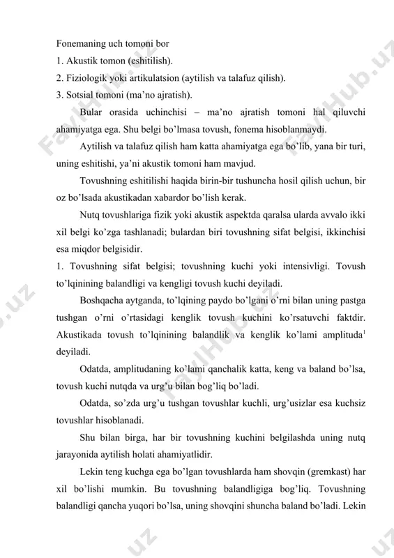 tovush hisoblanadi. chunki og’iz bo’shlig’i “a” ni talafuz qilganda “i” ga nisbatan keng ochiladi, havoning chiqish kuchi kamayadi. lekin og’iz bo’shlig’ining “a” tovushini nutq protsesida tovushlar maksimal shovqin asosida emas, balki tabiiy nutq zarurati darajasida ifodalanadi. chunki maksimal shovqin holatida nutq tovushlari asosiy xususiyatini yo’qotadi. bu jihatdan qaraganda ham “a” tovushning talafuzi “i” ga nisbatan qulayroq. 2. tovushning balandligi tebranishning vaqtga nisbatan bo’lgan miqdori bilan o’lchanadi. uning o’lchov birligi “gers” (gs) deb ataladi. gers tebranishning sekundiga nisbatan o’lchovini belgilaydi. tebranish qancha ko’p bo’lsa, tovush shuncha baland, tebranish oz bo’lsa, tovush ham past bo’ladi. boshqacha aytganda, tovushning balandligi tebranishning zichligiga bog’liq; tebranish qancha zich bo’lsa, tovush shuncha baland bo’ladi. 3. tovush tembri yoki bo’yoqchilik. har bir tovushning o’ziga xos changi, rangi yoki bo’yoqdorligi tovush tembri deyiladi. tovush bo’yoqdorligi tovush tembrining holati va darajasi bilan o’lchanadi. tovush tembri asosiy tonlar bilan obertonlarning murakkab qo’shimchasidan iborat. akustikadan ma’lumki, har bir tebranuvchi jism, masalan, …