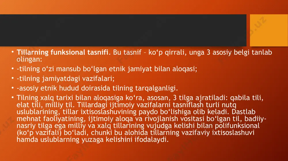 or ansambllari tashkil etishdi. moskva yaqinidagi tver karellari tili ham o‘lik tilga aylanmoqda. 1989 yilda kamasin tiliga mansub oxirgi ayol vafot etdi. yuka(gir) tilida 2002 yilda 131 kishi gaplashgan bo‘lsa, 2018 yilda ulardan 1 kishi qolgan. bugungi mordva xalqining tillari erzya va moksha tillaridir. lekin katta xalq o‘z ona tilida gaplashishni istamaydi. tavsiya etiladigan adabiyotlar asosiy adabiyotlar abduazizov a. tilshunoslik nazariyasiga kirish. – toshkent, 2010. irisqulov i. tilshunoslikka kirish. – toshkent, 2009. rasulov r. umumiy tilshunoslik. – toshkent, 2013. qo‘shimcha adabiyotlar ўзбекистон республикаси президентининг “ўзбекистон республикасини янада ривожлантириш бўйича ҳаракатлар стратегияси” тўғрисидаги фармони (“халқ сўзи”, 2017 йил, 8 феваль). ўзбекистон республикаси президентининг қарори “олий таълим тизимини янада ривожлантириш чора – тадбирлари” тўғрисида (“халқ сўзи” 2017 йил, 21 апрель) абдуазизов а., шереметьева а. общее языкознание. – тошкент, 2004. axborot manbalari www. literature.uz www. genhis philol.ru. http://en.wikipedia.org/wiki/structuralism. http://www.brocku.ca/english/courses/4f70/struct.html. image2.png image3.png image4.jpeg image5.jpeg image1.png