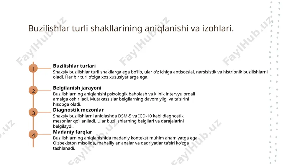 qiymatlar va odatlar, shaxsiy xususiyatlarga ta'sir qiladi. 2 mahalliy misollar o'zbekistonda shaxsiy buzilishlar misollarida depressiya va anksiyete keng tarqalgan. mahalliy muammolar madaniy kontekstda ko'rib chiqilishi zarur. 3 psixologik baholash o'zbekistonda shaxsiy buzilishlarni baholashda madaniy farqlarni hisobga olish muhimdir. bu, an'anaviy psixologik metodlarni o'zgartirishni talab qiladi. psixologik kontext: shaxsiy buzilishlar va madaniy ta'sirlar. psixologik ta'sirlar shaxsiy buzilishlar, shaxsning psixologik holatini o'zgartirib, ijtimoiy munosabatlar va hayot sifatiga salbiy ta'sir ko'rsatishi mumkin. madaniyatning roli madaniy kontekst, shaxsiy buzilishlarni tushunishda muhimdir, chunki juda ko'p madaniyatlar turli xulq-atvor va hissiyotlarni boshqarilishiga ta'sir qiladi. o'zbekiston misoli o'zbekistonda shaxsiy buzilishlar, an'anaviy qadriyatlar va milliy identitet bilan bog'liq bo'lib, mahalliy psixologik yondoshuvlarni shakllantiradi. milliy an'analar va shaxsiy buzilishlarni tushunish. 1 milliy an'analar milliy an'analar shaxsiy buzilishlarni tushunishda muhim rol o'ynaydi. o'zbek madaniyatidagi an'analar, oilaviy munosabatlar va ijtimoiy qadriyatlar shaxsiy xususiyatlarga ta'sir qiladi. 2 buzilishlarning konteksti o'zbekistonda shaxsiy buzilishlar madaniy kontekstda ko'rib chiqilishi zarur. mahalliy urf-odatlar va e'tiqodlar, buzilishlarning …