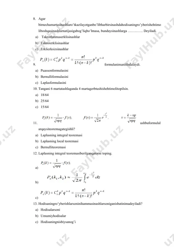 muavr-laplasformulasini b) puassonformulasini c) bernulliformulasini 16. tanlanmaningdispersiyasinihisoblang. a) 23,5 b) 24,5 c)2,35 17. agar m (x)=3, d(x)=6 va z=3x+4. m(z) va d(z) ni toping. a) 13;54 b)54;13 c)13;58 18. .agar m(x)=2, d(x)=5 va z=2x-3. m(z) va d(z) ni toping. a) 1;20 b) 2;10 c) 2;17 19 . o’rtachaqiymatini toping. a) 4 b) 3 c) 6 20. o’rtachaqiymatini toping. a) 5 b) 4 c)3 21. 5 ta talabani 5 ta partaganechaxilusuldajoylashtirishmumkin? a) 120 b) 50 c) 25 22. mehmonxonagaingliz, fransuzvagermaniyalikmehmonlarkelishdi. mehmonxonada 314, 315, 316 xonalarbo’sh. mehmonlarnixonalarganechaxilusuldajoylashtirishmumkin? a) 9 b)36 c) 6 23. xokkeyturnirida 6 komandaishtiroketadi. harbittakomandaharbiribilanbittao’yino’ynashikerak. turnirdanechtao’yino’ynaladi? a) 12 b)15 c)36 24. 1,5,6,7,8raqamlardannechtauchxonalisonlarnihosilqilishmumkin? a) 625 b) 225 c) 125 25. nechtausldakitobxon 6 ta kitobdan 2 tasinitanlashimumkin? a) 35 b) 25 c) 15 andijon iqtisodiyot va qurilish instituti “amaliy matematika va informatika kafedra mudiri ____________sh.a.egamberdiyeva 2- variant 1. tajribanatijasidaalbattaro’yberadiganhodisaga ………….. deyiladi. a) tasodifiyhodisa b) elementarhodisa c) muqarrarhodisa 2.umumanro’ybermaydiganhodisaganimadeyiladi? a) mumkinbo’lganhodisa b) mumkinbo’lmaganhodisa …