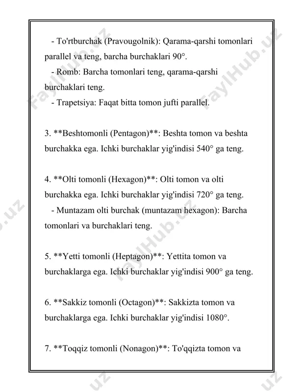 qo‘llaniladi. shunday qilib, to‘rtburchak shakllarida o‘lchamlarni aniqlash va ular asosida kerakli hisob-kitoblarni bajarish - amaliy matematikaning asosiy qismlaridan biridir. 3. uchtomonlama burchakning perimetri va yuzasini hisoblash uchtomonlama burchakni, ya'ni uchburchakni, tahlil qilishda, uning perimetri va yuzasini hisoblash algoritmlari juda muhimdir. bu matematikaning asosiy masalalaridan biri bo‘lib, ko‘plab amaliy ilovalarga ega. **uchburchakning perimetri:** uchburchakning perimetri deganda uch tomoni uzunliklarining yig‘indisi tushuniladi. agar uchburchak tomonlari \(a\), \(b\) va \(c\) deb ataladigan bo‘lsa, unda uning perimetri \(p\) quyidagiga teng bo‘ladi: \[ p = a + b + c \] bu formulada uchta tomon uzunligini bilish orqali osongina perimetrni topish mumkin. masalan, agar \(a = 5\), \(b = 7\) va \(c = 9\) bo‘lsa, perimetr: \[ p = 5 + 7 + 9 = 21 \] **uchburchakning yuzasi:** uchburchakning yuzasini hisoblashning bir nechta usullari mavjud. eng keng tarqalgan usullaridan biri geron formulasi hisoblanadi. geron formulasi uchburchakning barcha tomonlarini bilish asosida ishlaydi. geron formulasi quyidagicha …