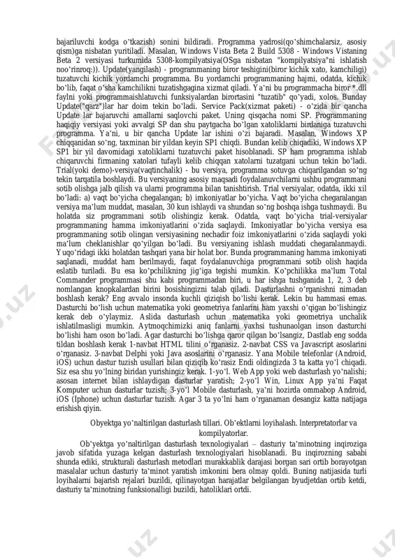ma’lumot. internet. web server. web dasturlash vositalari (tillari) ma’lumki, yuqori darajadagi dasturlash tillarida yozilgan dasturlarni kompyuterga tushuntirish uchun kompilyator degan qo’shimcha dastur kerak bo’ladi. web dasturlashda ham huddi shunday jarayon sodir bo’ladi. siz internetdagi saytlarni ko’rishlik uchun ishlatadiganingiz brauzerlar - web dasturlash tillarining bazilarini kompilyatori hisoblanadi. web dasturlashda yana shunday tillar ham borki ularni brouzer kompyuterga tarjima qilib tushuntirib bera olmaydi, lekin bunday tillar web saytni asosini tashkil etadi. ana shunday tillarni brouzer tushunadigan qilib berish uchun ham web server ga o’xshagan dasturlar (kompilyator yoki interpretatorlar) to’plami kerak bo’ladi. bunday dasturlar esa sayt joylashgan serverlarda turadi, qachonki unga so’rov yuborganingizda (istalgan biror ssilkani bosganingizda, birinchi marta saytni ochganingizda va hokazo...) shu sayt joylashgan serverdagi web server dasturlari sizning brauzeringizga saytni brauzer tushunmaydigan tillarda yozilgan joylarini tarjima qilib jo’natadi. shunday qilib klient - yani siz tomondagi web saytni kodlarini kompyuteringizga tushuntirib beradigan tarjimon bu - brauzer, server tomonidagi web saytni sizning …