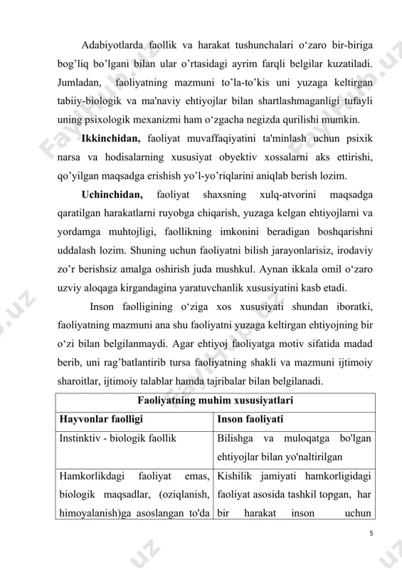 zaruriy belgi sifatida qolaveradi. i.m.sechenov fiziologik organlar va tizimlar faolligi yoki ishi to’g’risida tasavvurga ega bo’lgan, shu sababdan uning asarlarida "tafakkurning faol shakli", "tafakkur faoliyati", "miya faoliyati", "muskul faoliyati" so‘z birikmalar keng ko’lamda joy olganligi i.p.pavlov tomonidan "oliy nerv faoliyati", n.a.bernshteyn esa "fiziologik faolligi" atamani fan olamiga olib kirgan. lekin n.a.bernshteyn faollik, faoliyat, ish, mehnat tushunchalarini ma'nosiga ko’ra farqlagan bo’lishiga qaramay, u aksariyat hollarda faollikni faoliyat ma'nosida qo’llagan. psixofiziologiyada faoliyat faollikni fiziologik ma'nosi sifatida talqin qilingan bo’lsa, ish, mehnat faoliyati, "mehnat faolligi" mazmunida qo’llaniladi. ijtimoiy psixologiyada "faoliyat - faollik - ish - mehnat", "faoliyat - xulq", "mehnat - xulq, faoliyat" ko’rinishlari juftligi uchrab turadi. s.l.rubinshteyn ong va faoliyat birligi tamoyilini ilgari surib, uni atroflicha asoslab berib, faoliyat psixologiyasini yaratish zarurligini tushuntira oldi. uningcha, mehnat psixologik emas, balki "ijtimoiy kategoriya", psixologiya esa "mehnat faoliyatining psixologik jabhalarini" tadqiq etadi. a.n.leontev faoliyatning psixologik nazariyasini yaratib, uning asosiy tushunchasi sifatida "predmetli faoliyat" so‘z birikmasini …