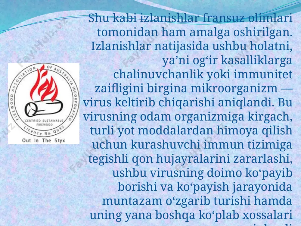 juda oson. bmtning oiv/oits bo‘yicha dasturi (yuneyds)ning ma’lumotlariga ko‘ra, 2011 yilning 1 yanvar holatiga dunyo bo‘yicha oiv-infektsiyasi bilan yashayotgan shaxslar soni 33,4 million nafarni tashkil etgan. ularning 3,2 million nafari hindiston, 1,4 millioni xitoy va 1,2 millioni aqsh davlatlariga to‘g‘ri kelmoqda. tahlillar o‘zbekistonda oits-infektsiyasining aniqlanishi 2011 yilning 10 oyida o‘tgan yilning shu davriga nisbatan oitsga chalinish 13,4 foizga kamayganligini ko‘rsatdi. lekin bu raqamlar xotirjamlikka berilishga asos bo‘la olmaydi, albatta. oiv-infektsiyasini davolash uchun dunyo olimlari tomonidan virusning ko‘payishi va yetilishini to‘xtatib turuvchi dorilar ishlab chiqilgan. bu dorilar virus rivojlanishining har xil bosqichida ta’sir etib, uning yangi-yangi hujayralarni yemirishi va immun tizimini zaiflantirishining oldini oladi va inson umrini ko‘p yillarga uzaytiradi. bular antiretrovirus preparatlari deb ataladi. dunyo olimlari oivning hujayra ichiga kirishiga to‘sqinlik qiluvchi yoki virus hujayrani zararlamasdan oldin uni o‘ldiruvchi yangi dorilarni ishlab chiqish ustida izlanish olib bormoqdalar. bunday dorilar birikish ingibitorlari, “ccr5” retseptorlari antagonistlari, monoklonal antijismlar guruhlarini tashkil qiladi. hozirgi …