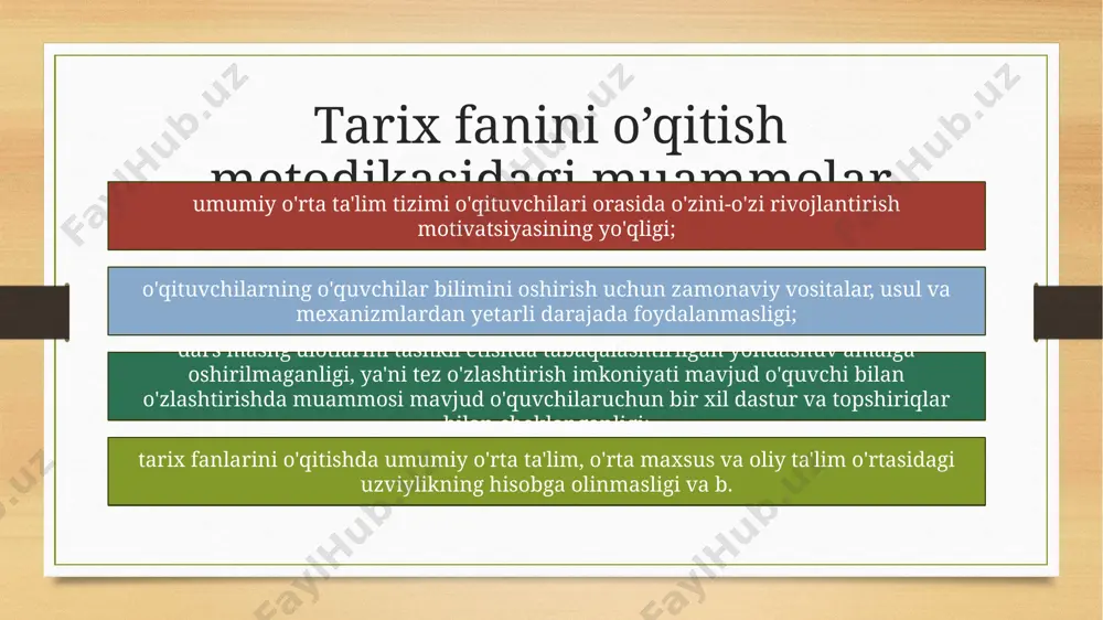 da o‘quvchilar, juftliklarga bo‘linib, bir-biri bilan konspektlarini almashib, o‘qib chiqishadi va mulohazalari bilan o‘rtoqlashadi. noaniqliklar, хatolar tuzatiladi. o‘qituvchiga ham savol berishlari mumkin. venn diagrammasi ustida ishlash jarayonini qo‘yidagicha amalga oshirish tavsiya etiladi: 1. aqliy хujum yordamida takkoslashning asosiy parametrlarinianiqlashdir. 2. venn diagrammasi ustida ishlash. 3. takkoslash natijalarining prezentasiyasi.bu ko‘rinishdagi interaktiv ish o‘quvchilarning aktiv ishtirokida bajarilib analitik fikrlash ko‘nikmalarni hosil bo‘lishiga yordam beradi. tarixni o’qitishda o’g’zaki metod klassifikatsiyasi 2.1 tarixni o’qitishda o’g’zaki metod klassifikatsiyasita’limning amaliy uslubining asosiy yoli o’quvchi yoshlarning hayotni o’ranish yolidir. shuning uchun ham amaliy metod juda katta ta’limiy va tarbiyaviy ahamiyat kasb etadi. bu uslub tarix o’qitishni hayot bilan mustaqillik qurilishi amaliyot bilan borishga yordam beradi, bilim o’quvchilarning ishonchi va e’tiqodiga ko’maklashadi, o’quvchi yoshlarning fuqarolik burchini tushunib, jamiyatda o’z mavqelarini topib olishlariga yordamlashadi.o’quvchilarning amaliy bilish faoliyatiga ularning vaqtli matbuot bilan olib boradiga ishlari, ishlab chiqarish korxonalarining raxbarlari va ilg’orlari bilan, fermerlar bilan urush va mehnat veteranlari bilan suxbatlari, …