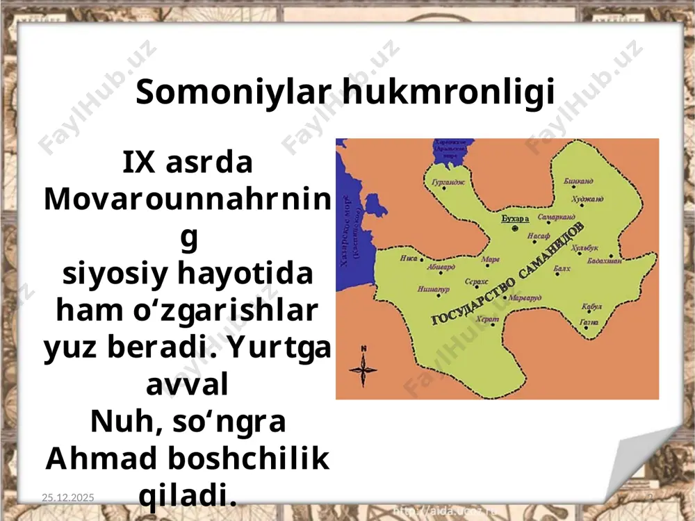 2019 13 ismoil somoniy saroyning maxsus, muntazam sarbozlaridan iborat yaxshi qurollangan harbiy qo‘shin tuzadi. yaxshi va uzoq xizmat qilgan sarbozlar “hojib” lavozimiga ko‘tarilgan. hojiblarning boshlig‘i “hojib ul-hujob” yoki “hojibi ul-buzruk” deb yuritilar edi. bunday unvon somoniylar saroyidagi oliy unvon hisoblanardi. 14.10.2019 14 savol va topshiriqlar: 1. somoniylar qanday qilib arab xalifaligidan mustaqil bo‘ladi? 2. qachondan boshlab movarounnahrning deyarli barcha viloyatlari somoniylar tasarrufiga o‘tadi? 3. ismoil somoniy hokimiyatga qay tariqa keldi? 4. ayting-chi, nega movarounnahrning mustaqillikka intilishi arab xalifaligiga yoqmagan? 5. nima sababdan safforiylar bilan somoniylar o‘rtasida urush kelib chiqdi? 14.10.2019 15 image2.jpeg image3.jpeg image4.jpeg image5.jpeg image6.jpeg image7.jpeg image8.jpeg image9.jpeg image10.jpeg image11.jpeg image12.jpeg image13.jpeg image14.jpg image15.jpeg image16.jpeg image17.jpeg image18.jpeg image1.jpeg