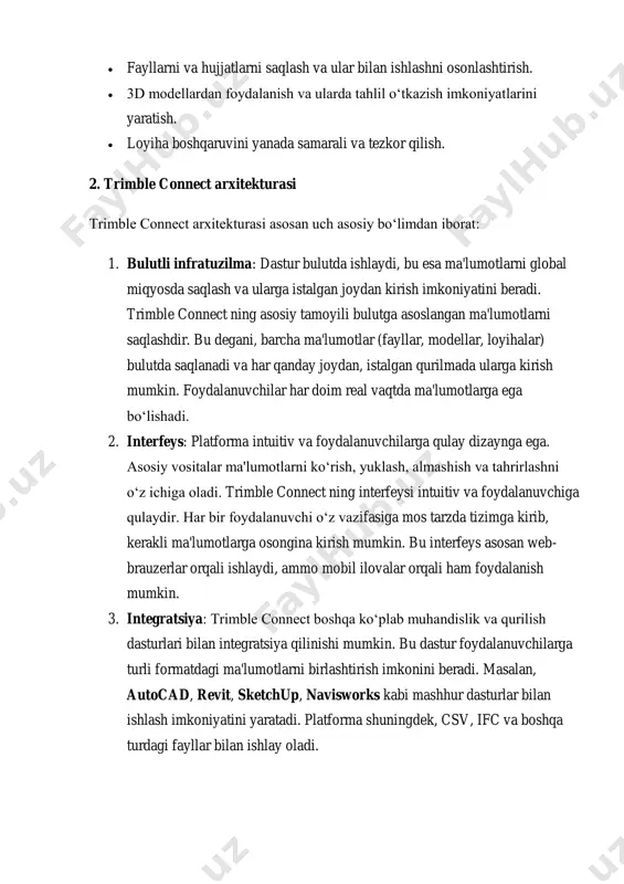 ‘zgarishini ko‘rish uchun juda foydalidir. misol uchun, binolarni joylashtirish, quvurlarni, elektr va boshqa tizimlarni modelda ko‘rish va ularning o‘zaro aloqalarini baholash mumkin.  hamkorlik va aloqalar: trimble connectda ishlayotgan barcha foydalanuvchilar o‘rtasida hamkorlikni ta'minlaydigan vositalar mavjud. misol uchun, loyihaga oid izohlar, xabarlar va fikrlar almashish uchun platformada maxsus chat tizimi mavjud. har bir ishtirokchi o‘z fikrlarini bildirish, savollar berish va loyihadagi o‘zgarishlar haqida xabardor bo‘lishi mumkin.  yangi versiyalarni boshqarish (version control): trimble connect versiyalarni boshqarish tizimiga ega. bu tizimda har bir fayl yoki modelning o‘zgarishlari tarixini kuzatib borish mumkin. agar biron bir o‘zgarish amalga oshirilsa, oldingi versiyaga qaytish imkoniyati mavjud, bu esa xatoliklardan yoki noaniqliklardan qochishga yordam beradi. 4. trimble connectda ishlash jarayoni trimble connect platformasida ishlash jarayoni bir nechta asosiy bosqichlarni o‘z ichiga oladi: fayllarni yuklash: loyiha boshida kerakli barcha fayllar platformaga yuklanadi. masalan, revit da yaratilgan arxitektura modeli, autocad da chizilgan detallangan reja, yoki boshqa tasvirlar va …