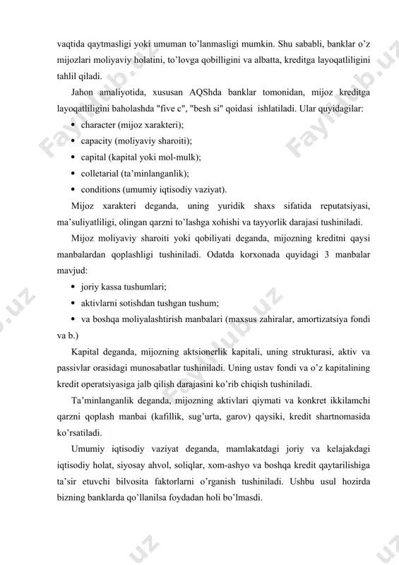 , risk darajasini, kredit miqdori va boshqa omillarni belgilangan sharoitda va holatda tahlil qilishdan iboratdir. banklar uchun bu masalalarni amalga oshirish juda qiyin bo’lsada, xuddi ana shu maqsad amalga oshirilsagina berilgan kreditdan foyda olinadi. kreditga layoqatlilikni tahlil qilish vazifasi bo’lib quyidagilar hisoblanadi: 1. kreditga layoqatlilikni ifodalovchi ko’rsatkichlarni aniqlash; 2. ko’rsatkichlarni tahlil qilish (yil boshi va yil oxirini taqqoslash); z. ko’rsatkichlarga ta’sir etuvchi omillarni aniqlash; 4. kreditga layoqatlilikni mustahkamlash yo’llarini aniqlash; bozor munosabatlarining rivojlanib borishi bilan tijorat banklari tomonidan kreditga layoqatlilikni tahlil qiluvchi yangi metodlar ishlab chiqilmoqda, qaysikim korxona haqidagi (kreditga layoqatligi haqidagi) tahlilni chuqurroq olib borishni ko’rsatadi. hozirgi vaqtda jahon amaliyotida (yunido tasdiqlagan standart bo’yicha) moliyaviy ko’rsatkichlar sistemasi bo’yicha tahlil va reyting metodi bo’yicha tahlil usullari qo’llaniladi. o’zbekiston respublikasida markaziy bank tomonidan chiqarilgan yo’riqnoma bo’yicha korxonalarga turli xil muddatga kreditlar berilib, ularning kreditga layoqatliligining moliyaviy ko’rsatkichlarning tahliliga asoslanib beriladi. tahlil uchun asosiy manba bo’lib korxona buxgalteriya balansi va moliyaviy natijalar …