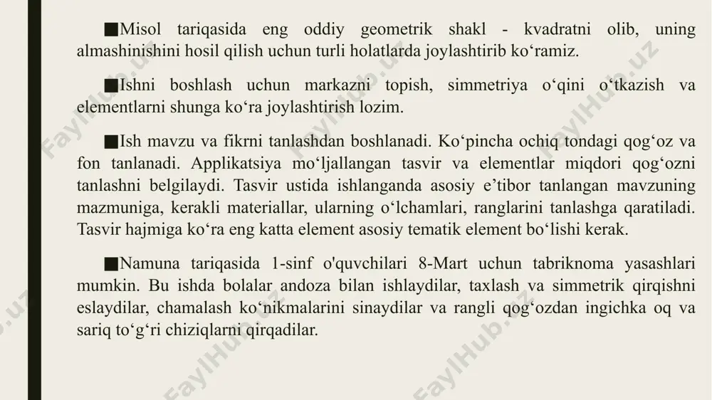 noq, mayda toshlar bilan xilma-xil mozaika ishlarini bajarish mumkin. savollar: 1. applikatsiya va mozaika ishida asosiy ish quroli nima? 2. qanday applikatsiya turlari o‘rgatiladi? 3. applikatsiya va mozaika ishlari bilan ishlashning ahamiyati nimada? image1.png image2.png image3.png image4.jpg image5.jpg image6.jpg image7.jpg image8.jpg image9.jpg image10.jpeg image11.jpeg image12.jpeg image13.jpeg image14.jpeg image15.jpeg image16.png image17.jpeg image18.jpeg image19.jpeg image20.jpeg image21.jpeg image22.jpeg image23.jpeg image24.jpeg image25.png image26.jpeg image27.jpeg /docprops/thumbnail.jpeg